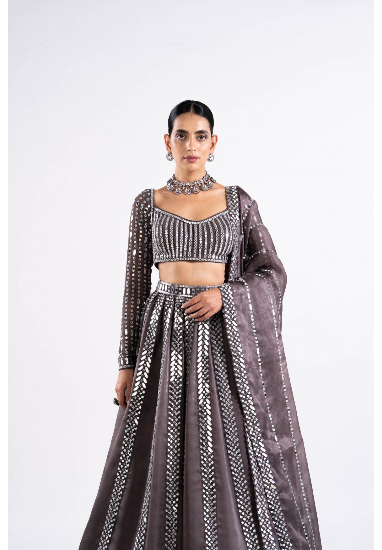 Charcoal Grey Mirror Seam Lehenga Set