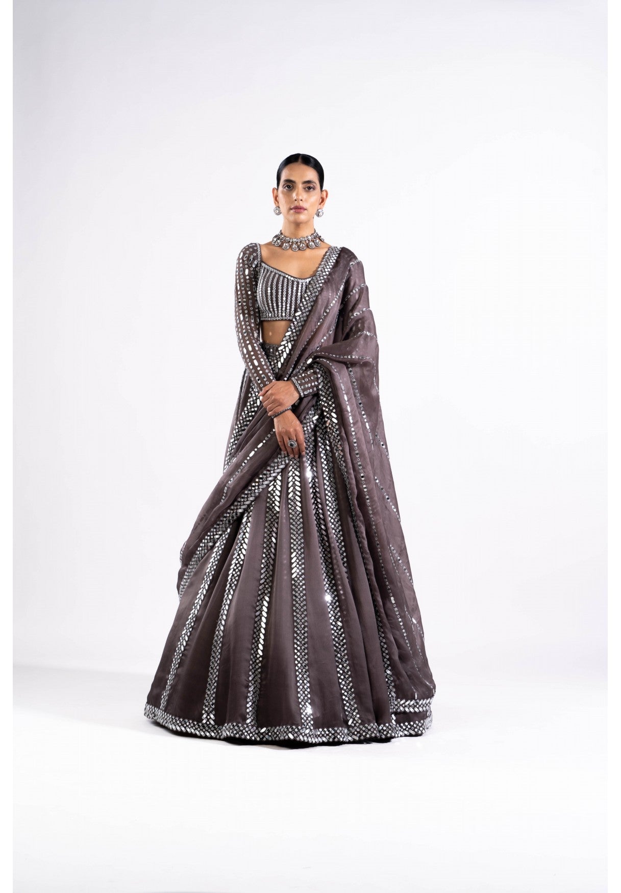 Charcoal Grey Mirror Seam Lehenga Set