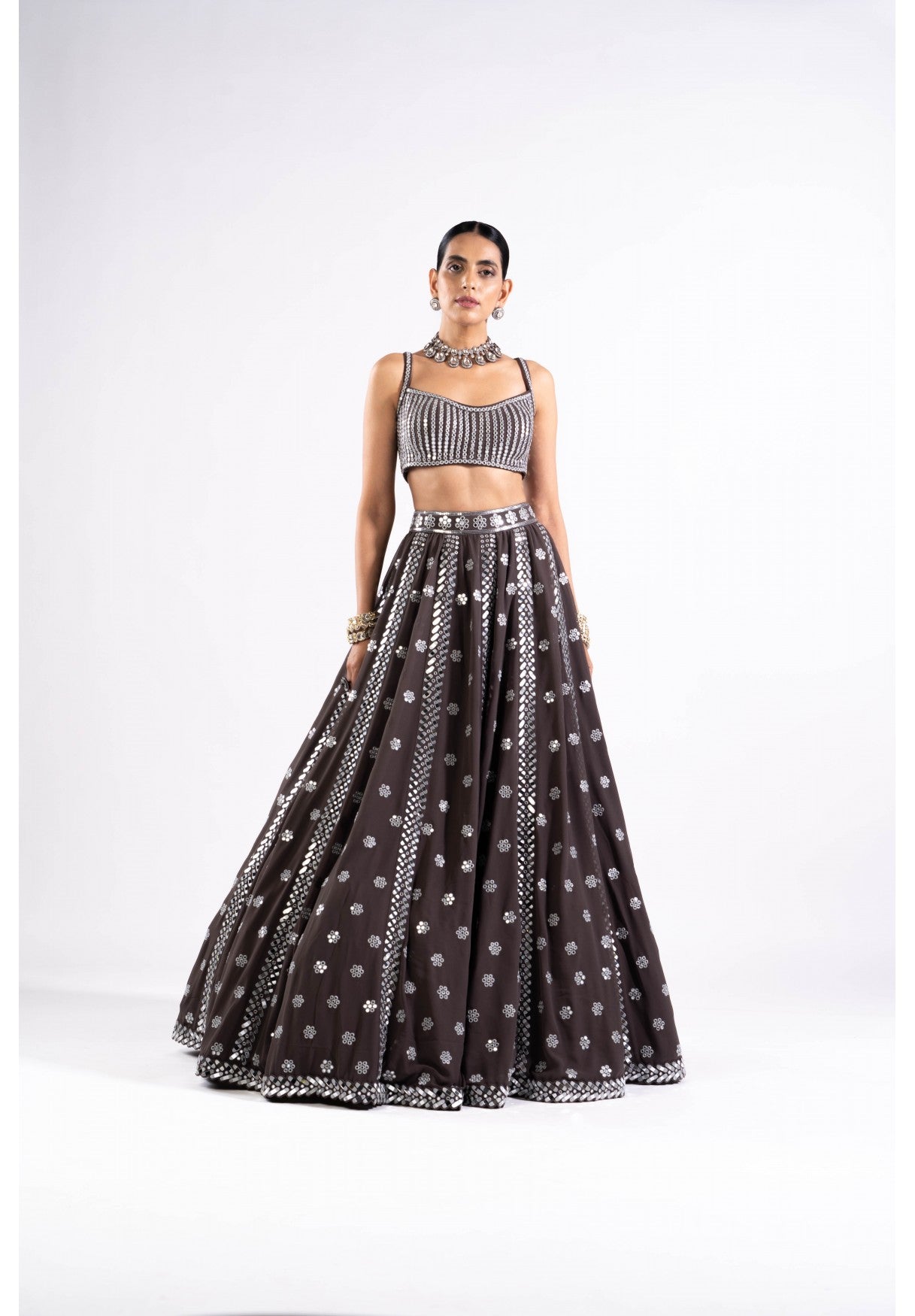 Charcoal Grey Flower Lehenga Set