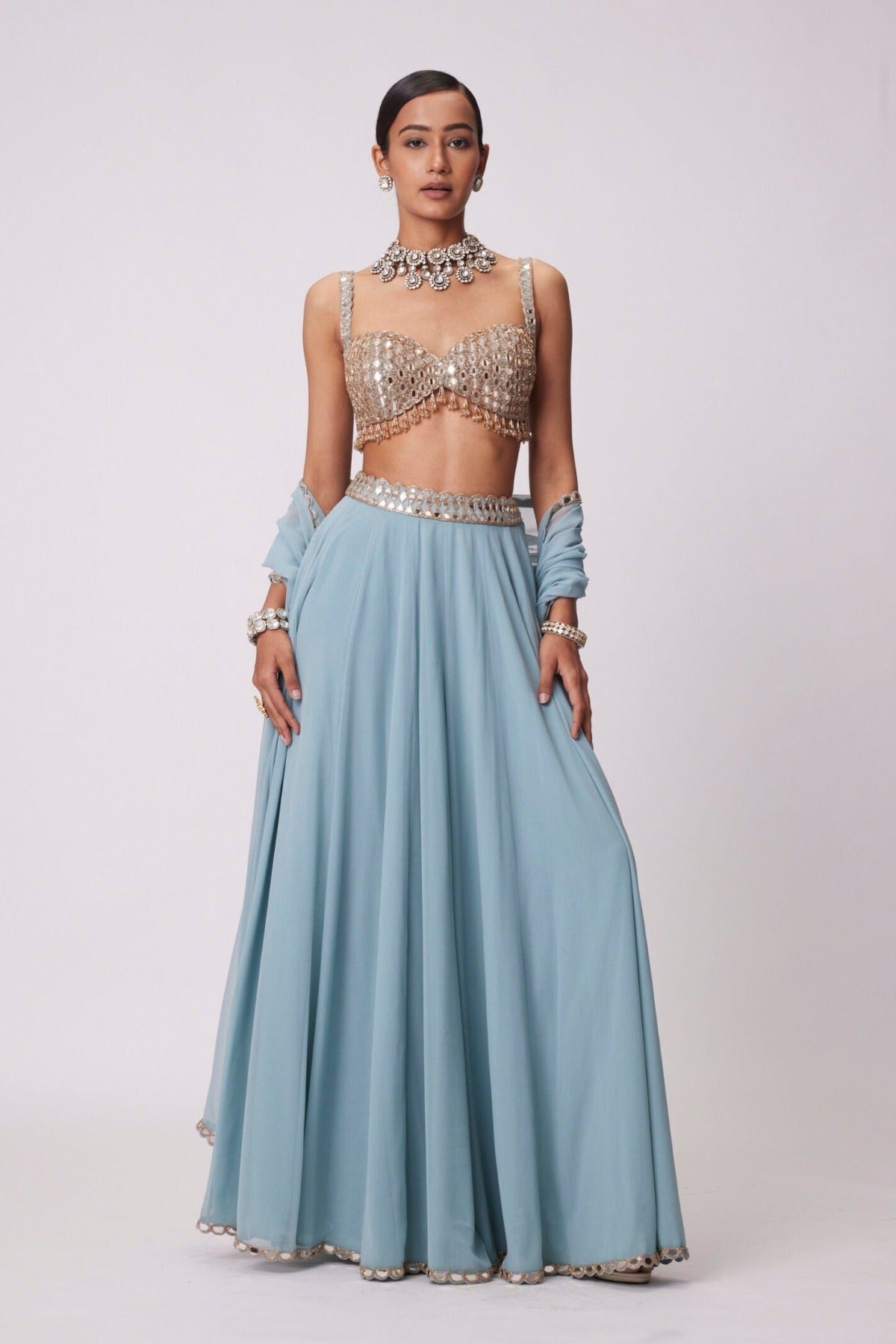 Powder Blue Mirror Embroidered Lehenga Pants set