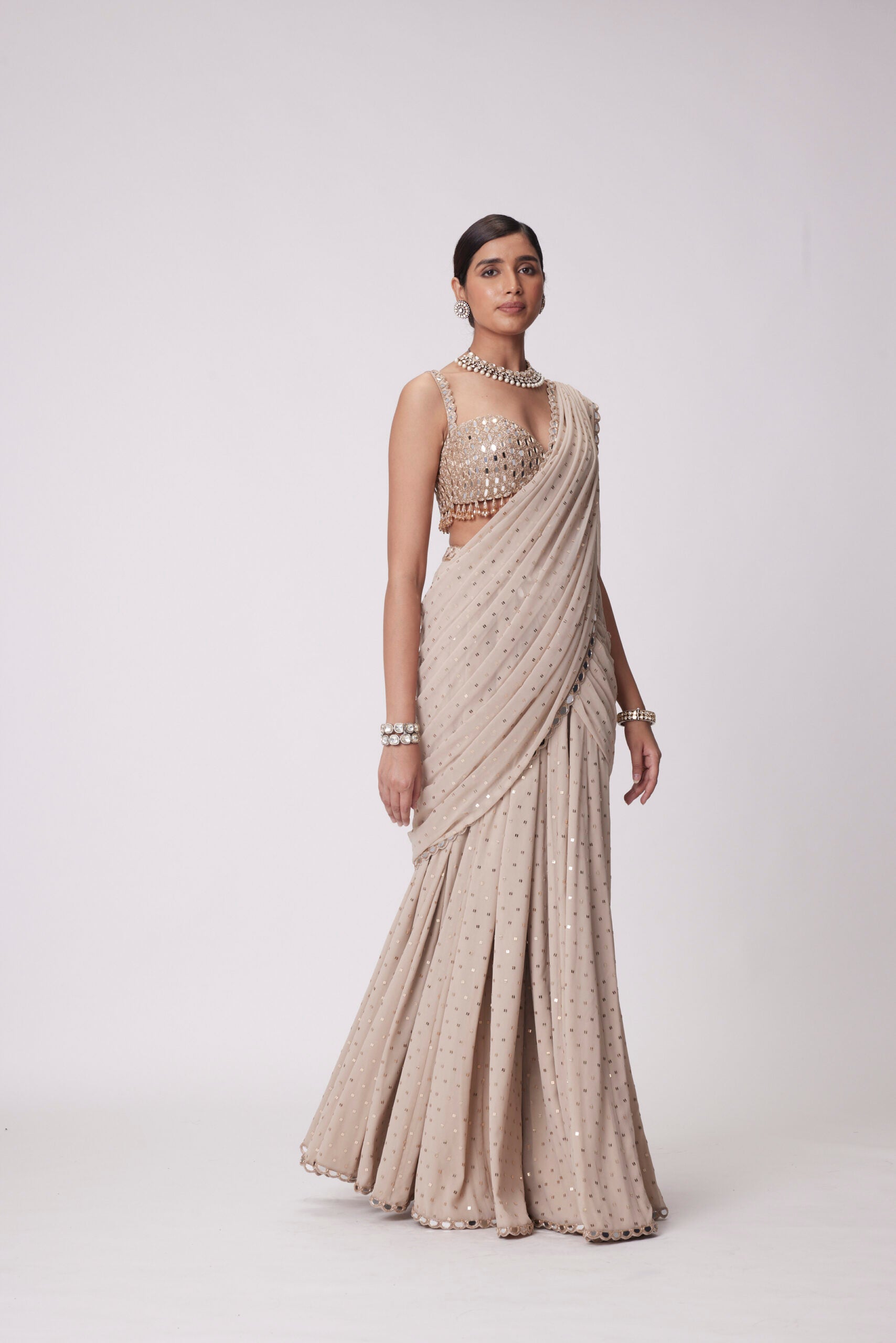 Light Beige Georgette Draped Saree Set