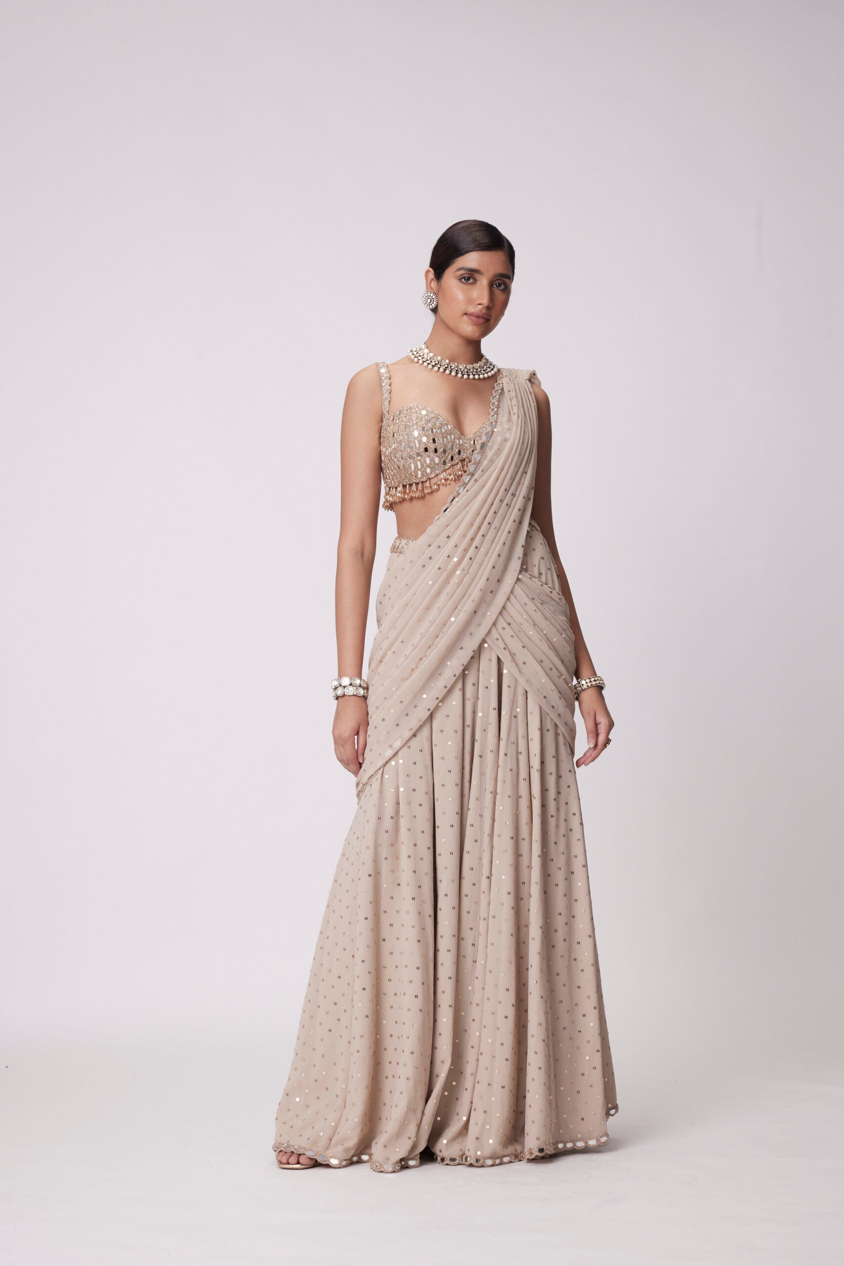 Light Beige Georgette Draped Saree Set