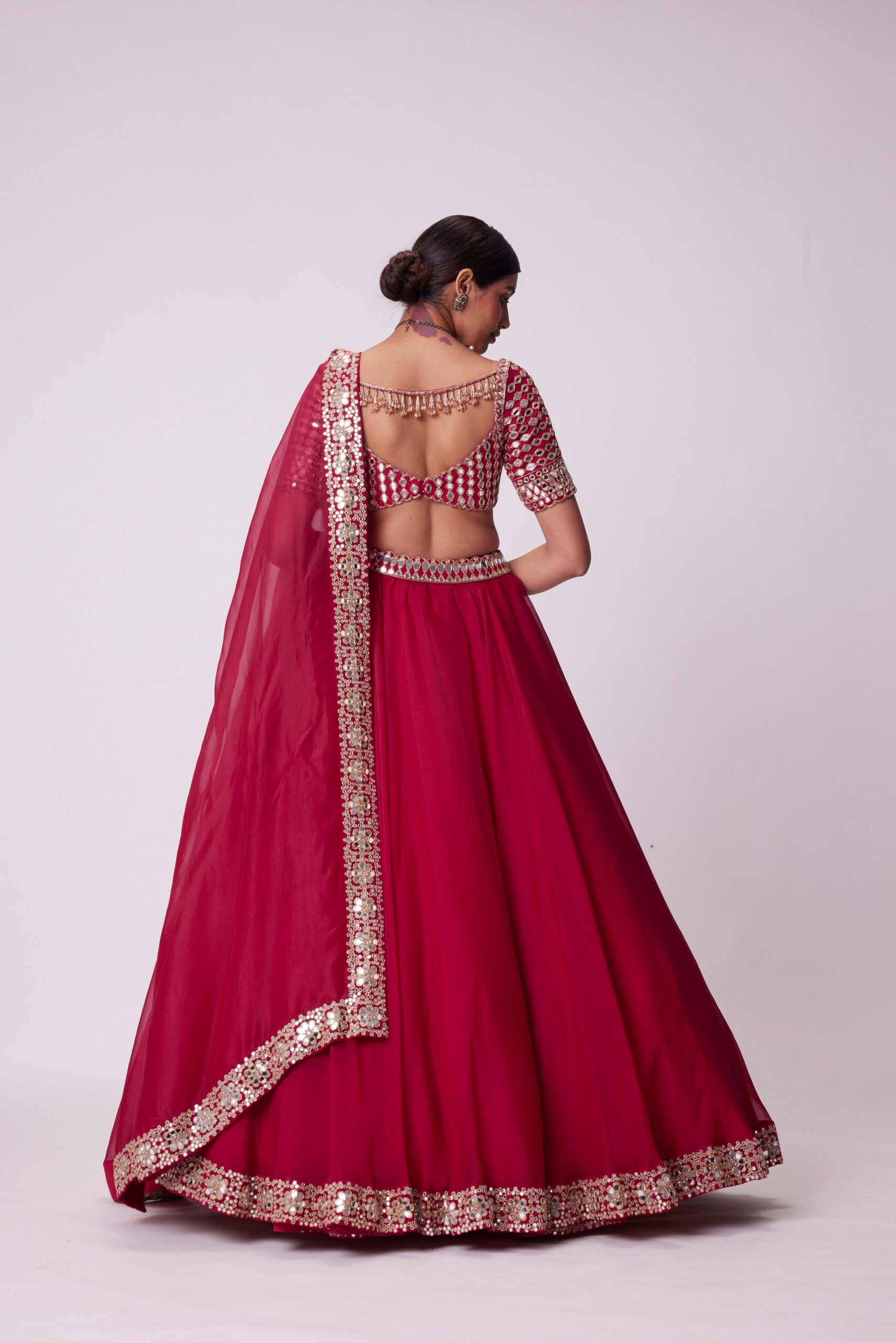 Crimson Red Organza Mirror Lehenga Set