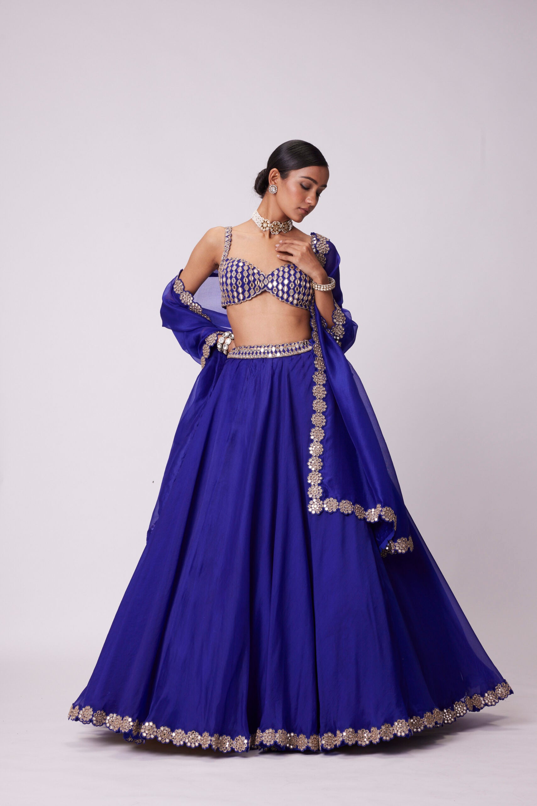 Persian Blue Linear Mirror Embroidered Lehenga Set