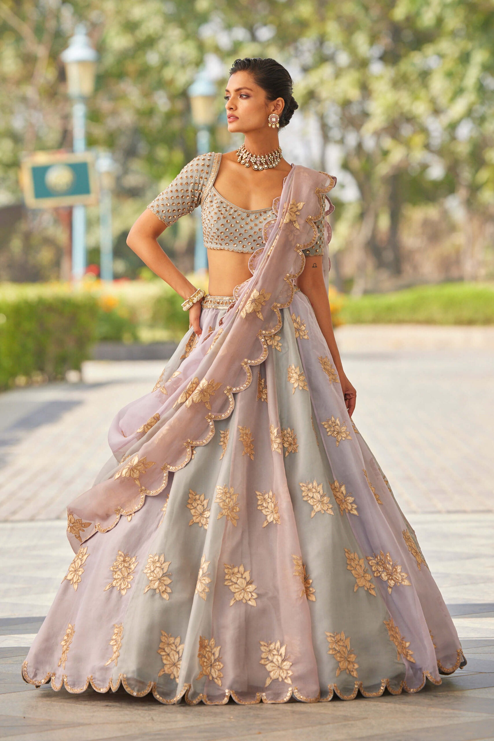 Powder Grey Multicolor Flower Lehenga Set