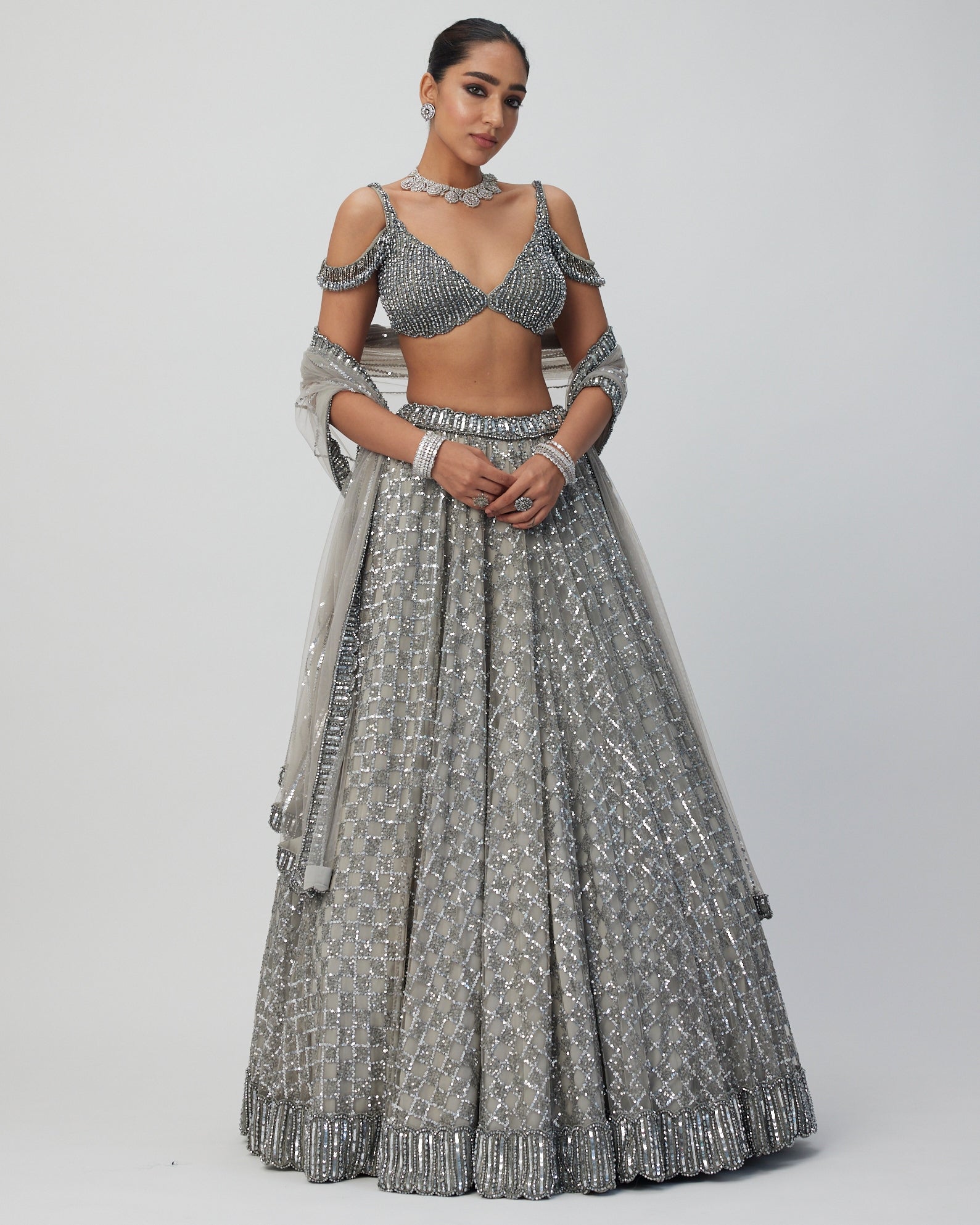 Crystal Grey Sequins Embroidered Lehenga Set