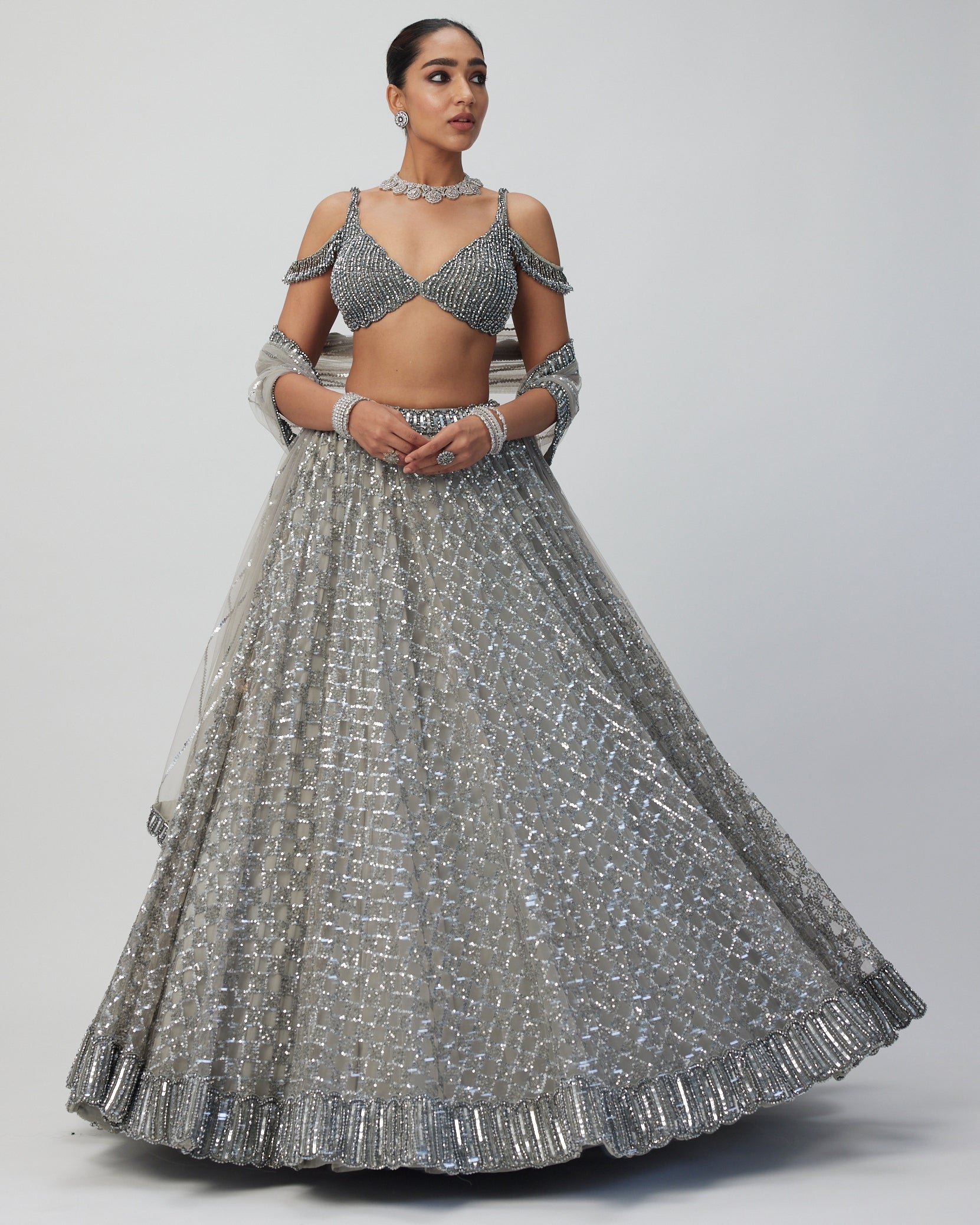 Crystal Grey Sequins Embroidered Lehenga Set