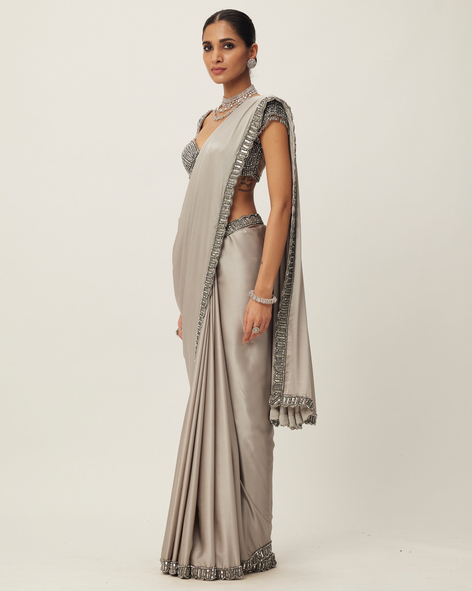 Crystal Grey Satin Sari Set