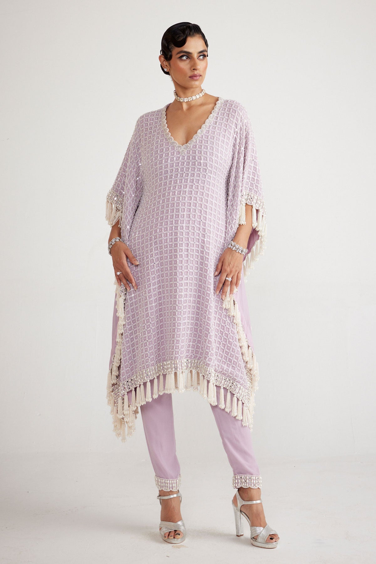 Powder Lilac Chandelier Pearl Drop Kaftan Set