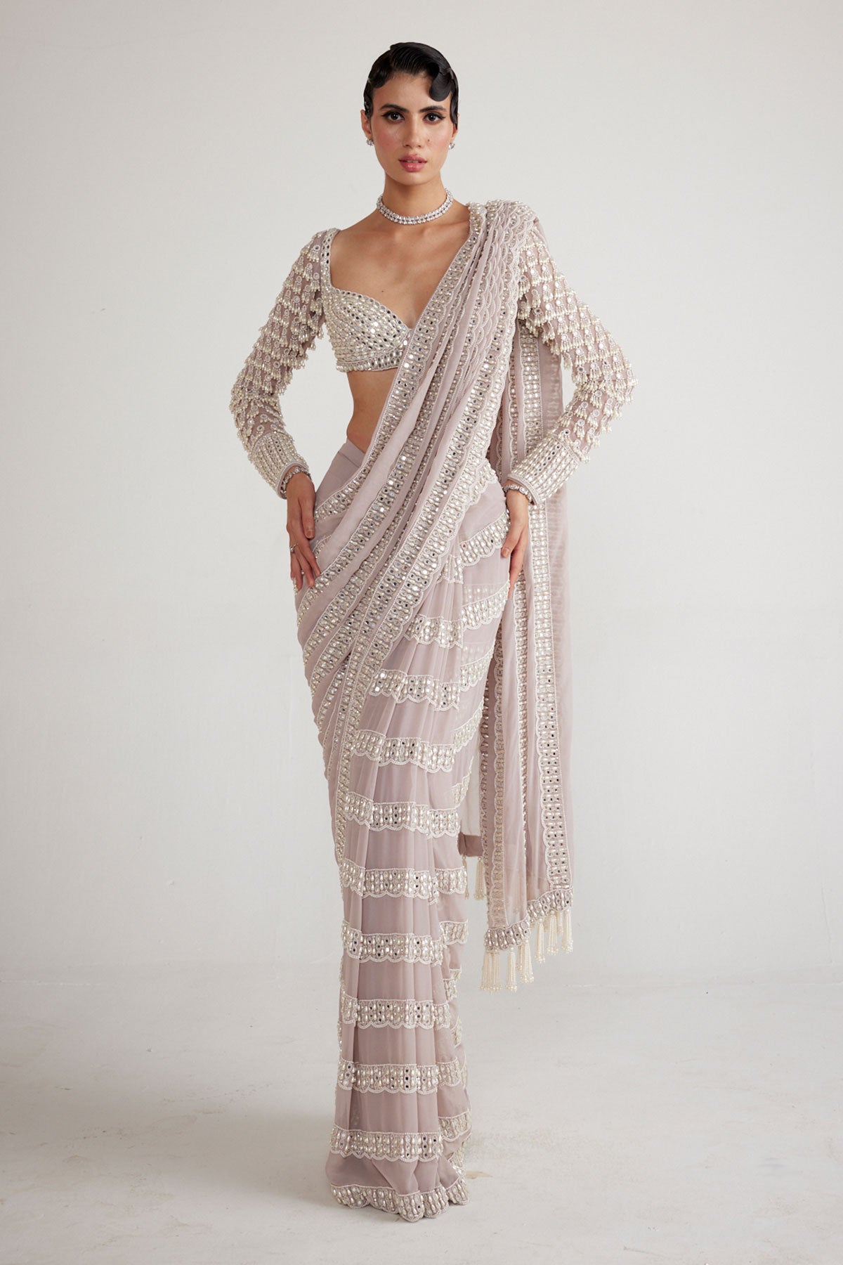 Ash Pink Chandelier Pearl Drop Saree Set