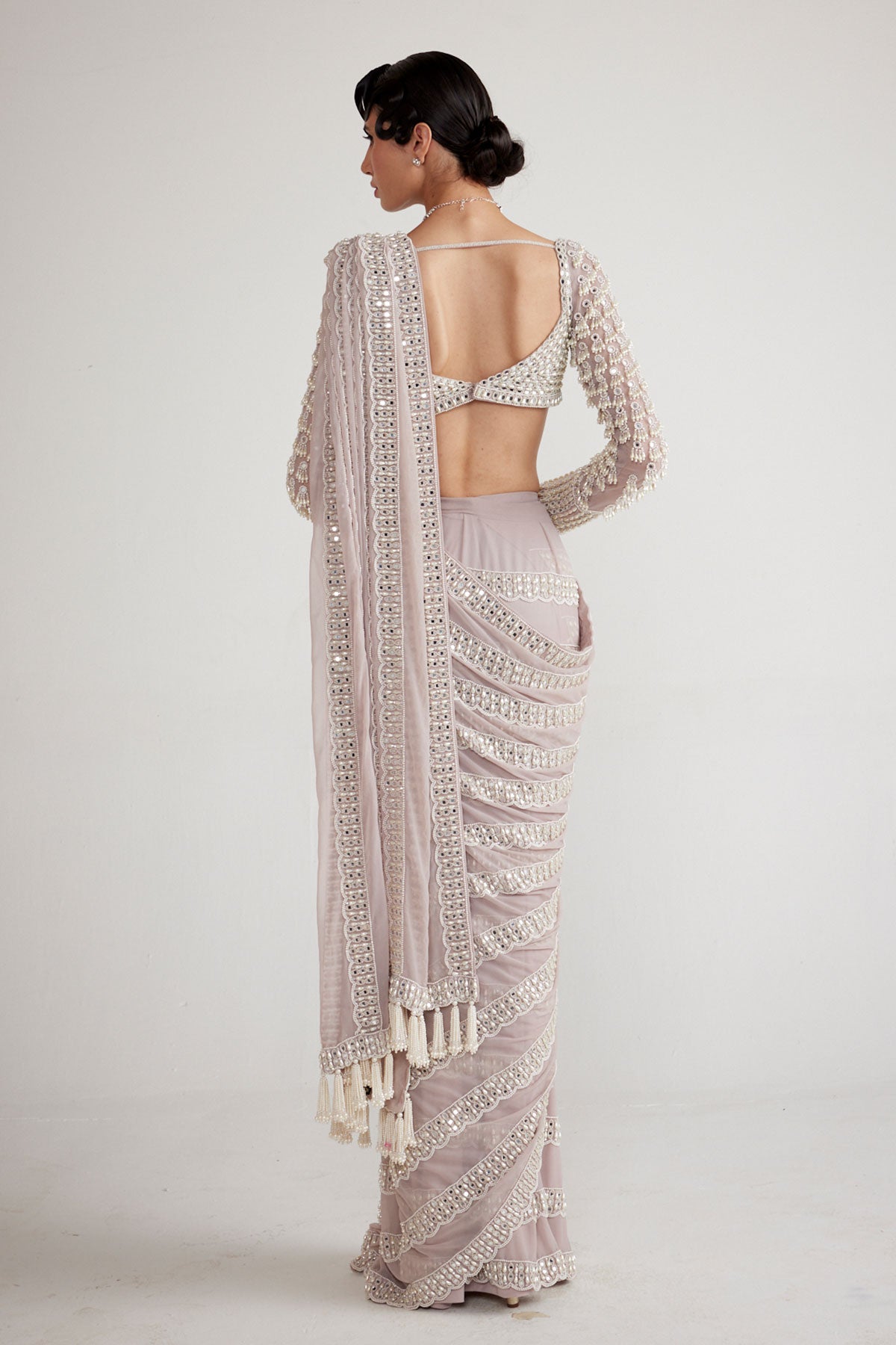 Ash Pink Chandelier Pearl Drop Saree Set