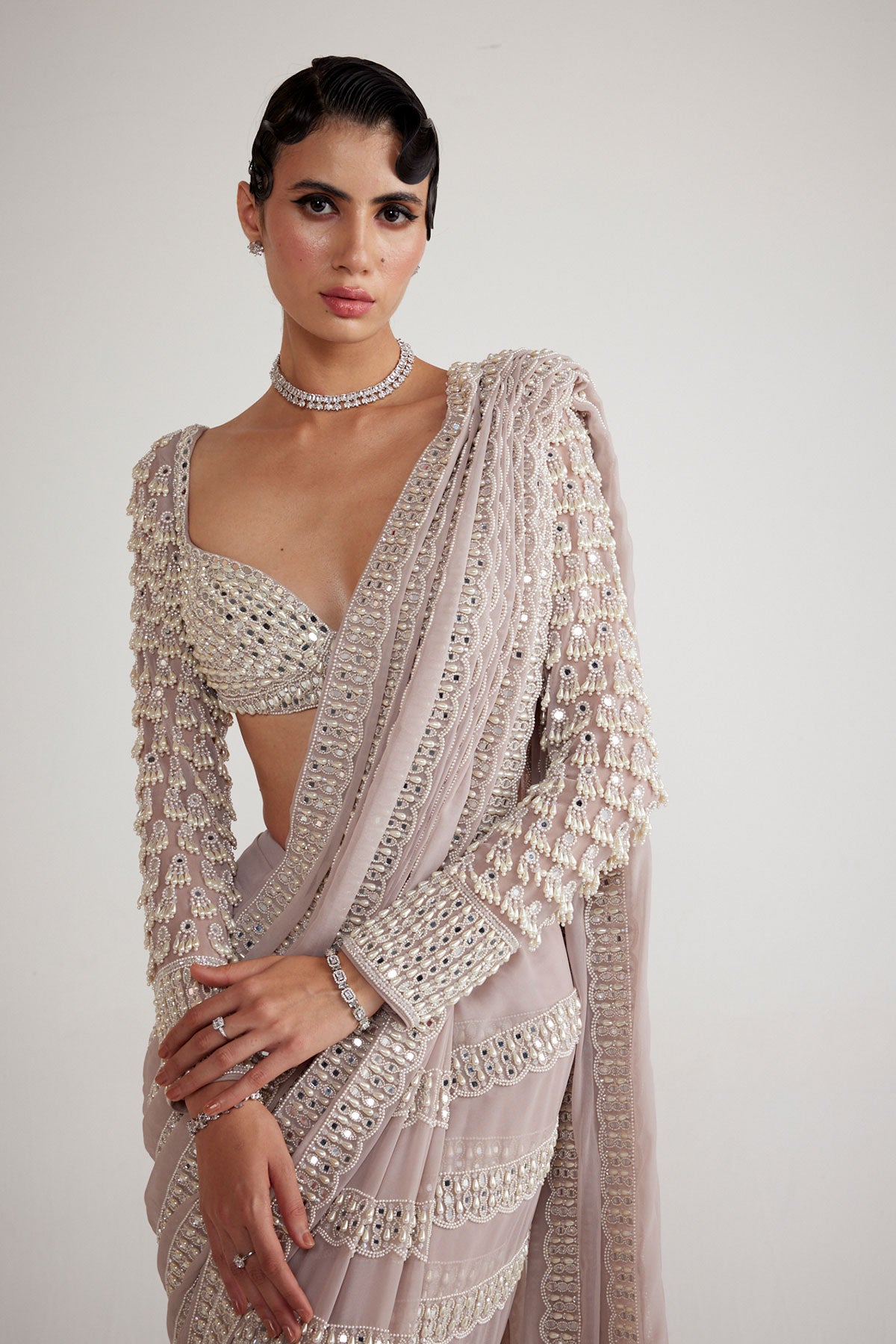 Ash Pink Chandelier Pearl Drop Saree Set