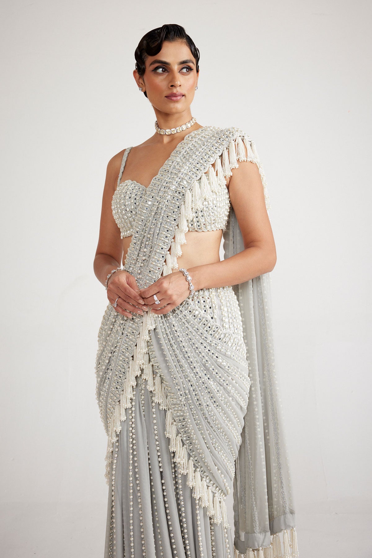 Powder Grey Chandelier Pearl Drop Saree Set