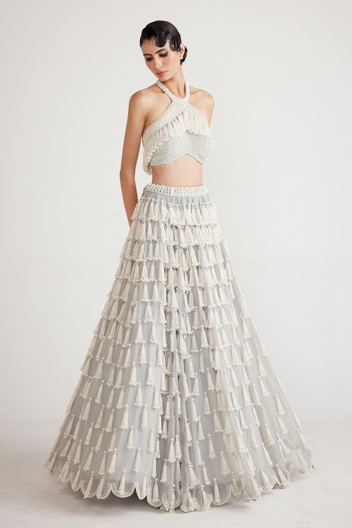 Powder Grey Chandelier Pearl Drop Crop Top Skirt Set