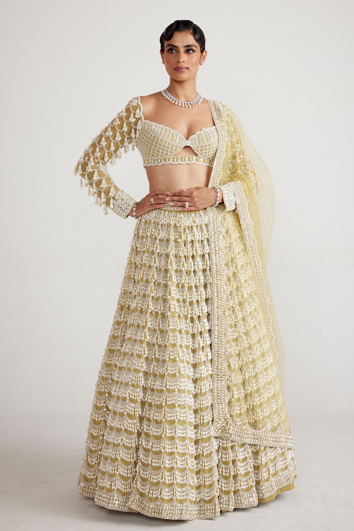 Fern Green Chandelier Pearl Drop Heavy Lehenga Set