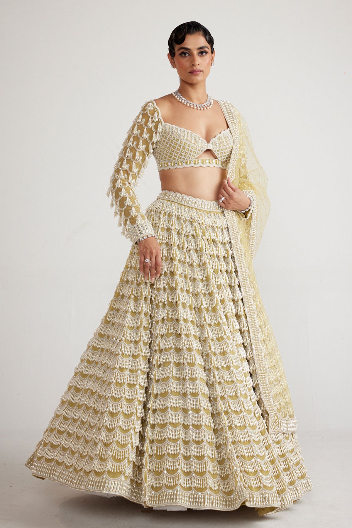 Fern Green Chandelier Pearl Drop Heavy Lehenga Set