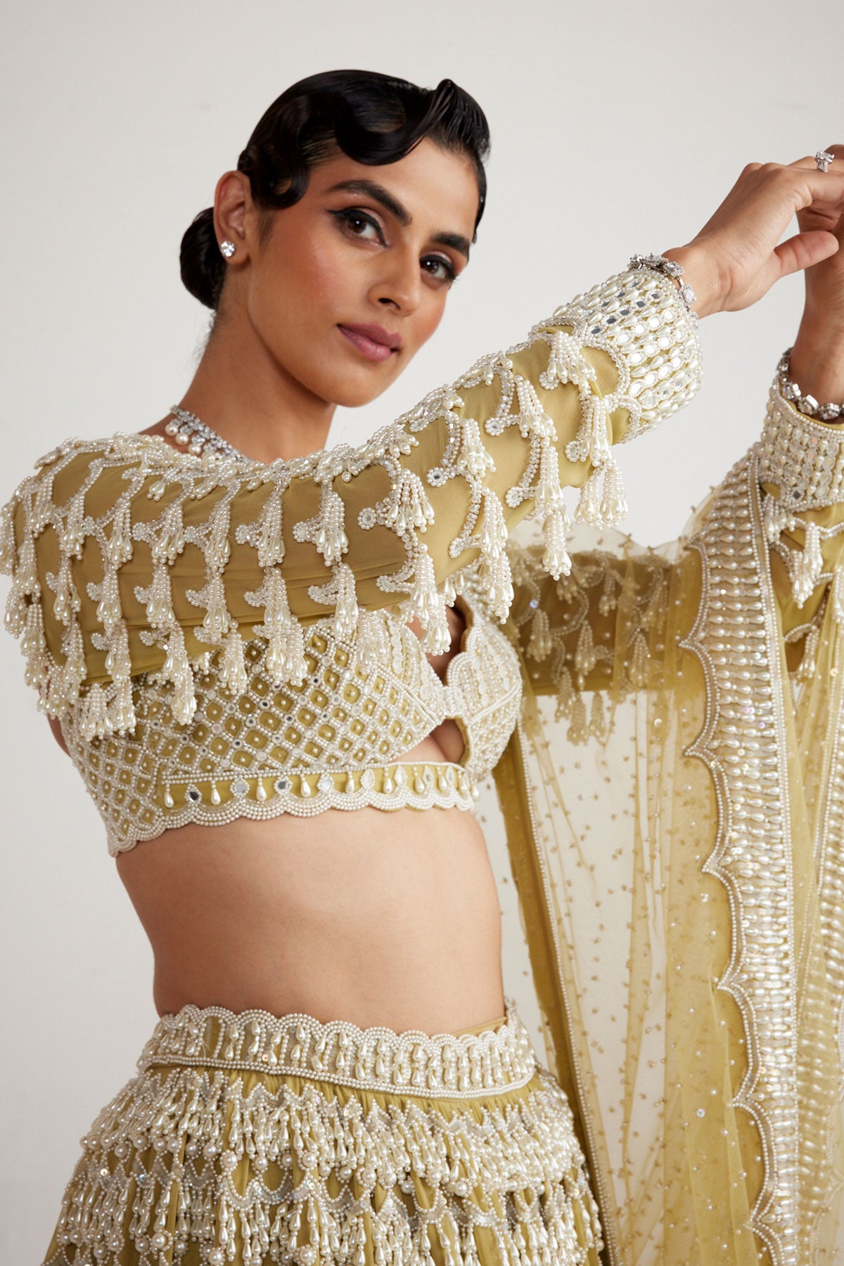 Fern Green Chandelier Pearl Drop Heavy Lehenga Set