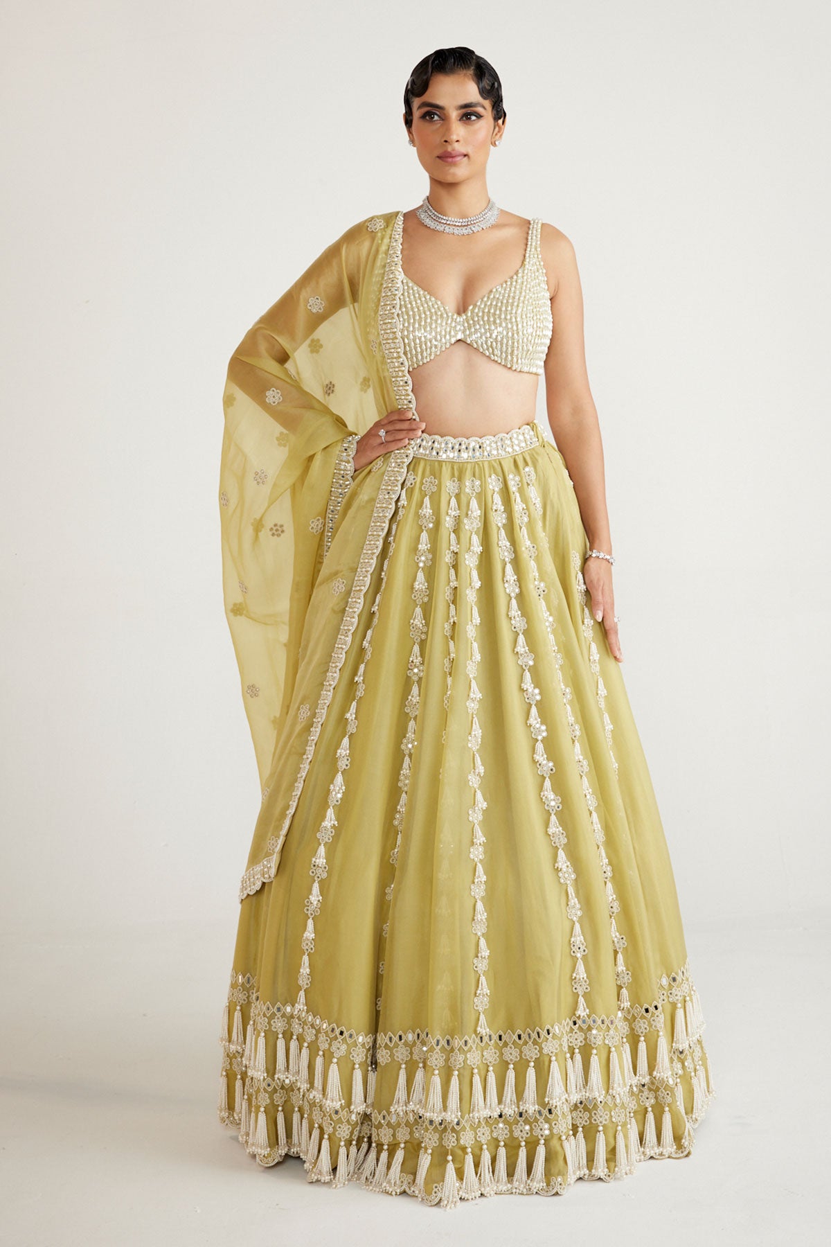 Fern Green Chandelier Pearl Drop Lehenga Set