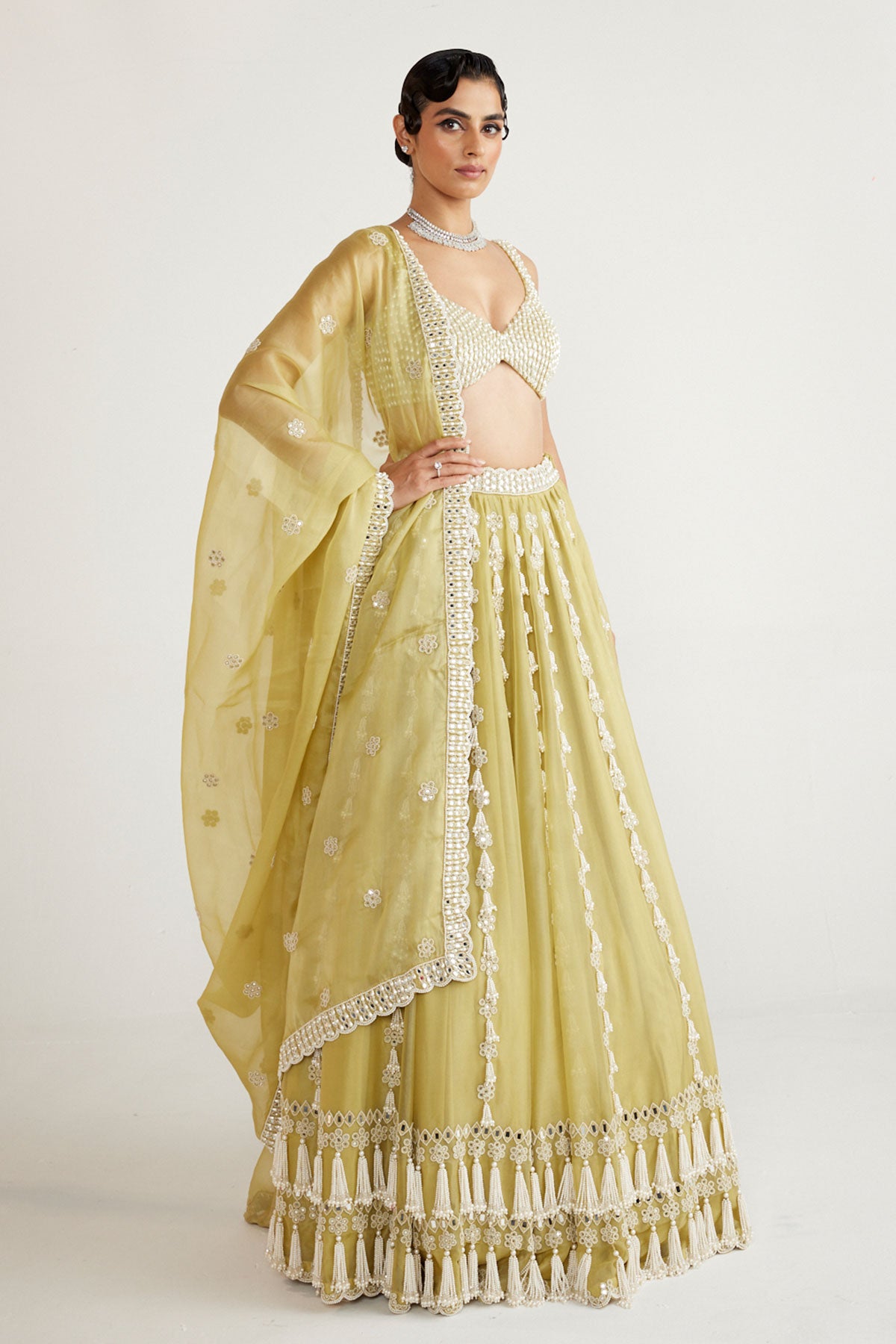 Fern Green Chandelier Pearl Drop Lehenga Set
