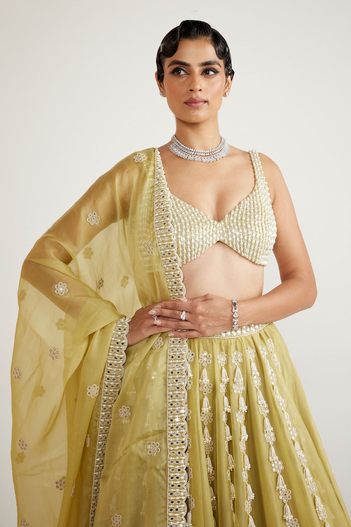 Fern Green Chandelier Pearl Drop Lehenga Set