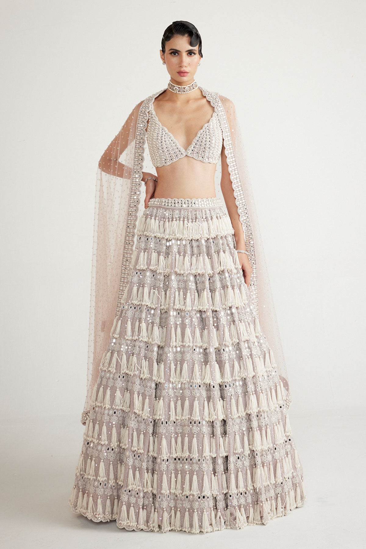 Ash Pink Chandelier Pearl Drop Lehenga Set