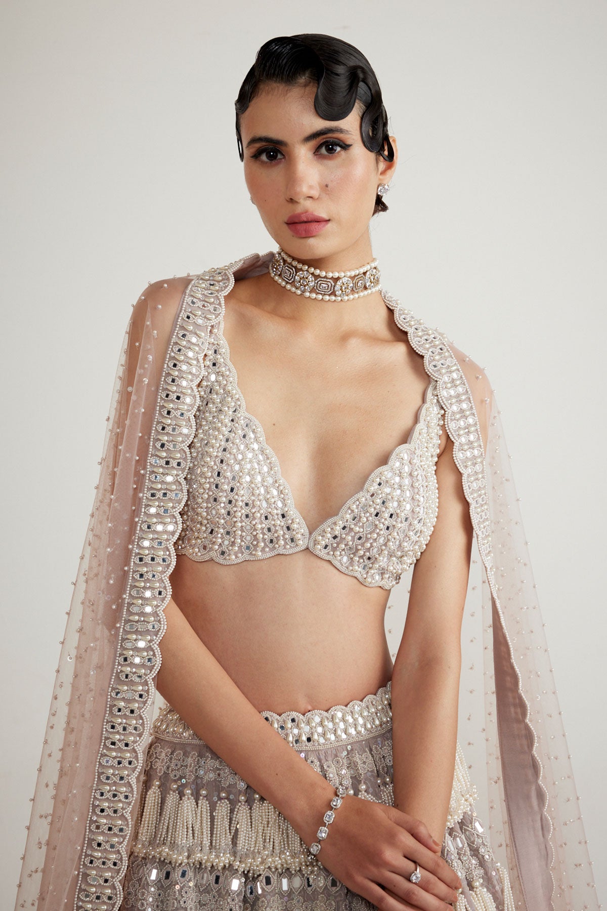 Ash Pink Chandelier Pearl Drop Lehenga Set