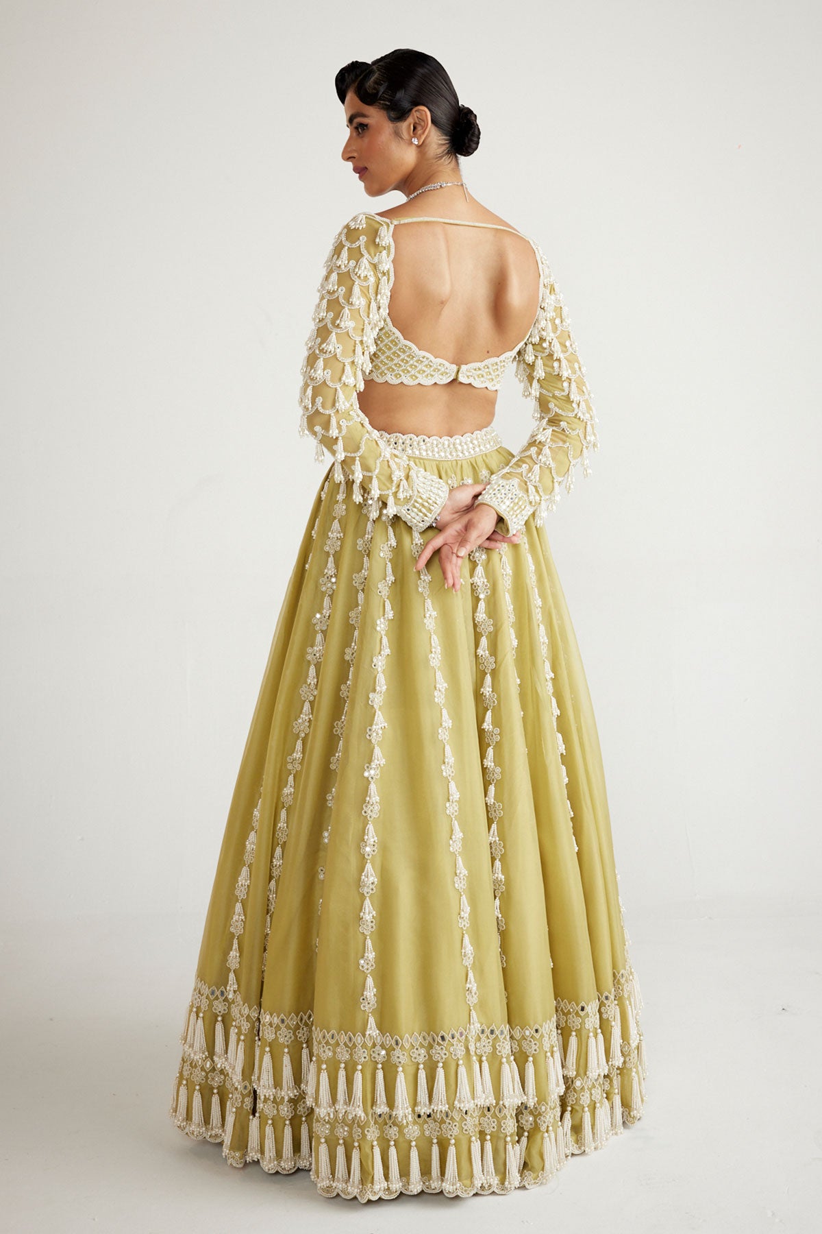 Fern Green Chandelier Pearl Drop Full Sleeve Lehenga Set