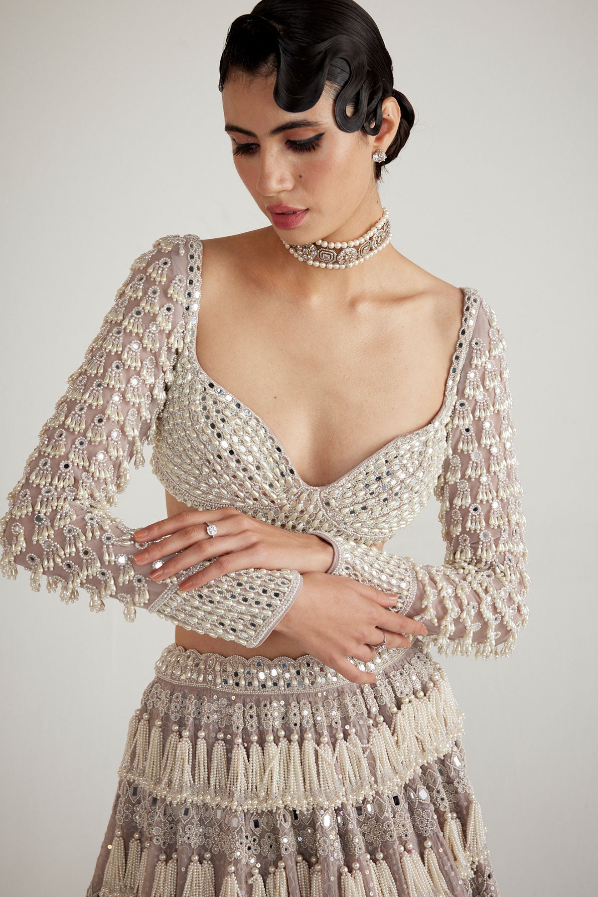 Ash Pink Chandelier Pearl Drop Full Sleeve Lehenga Set