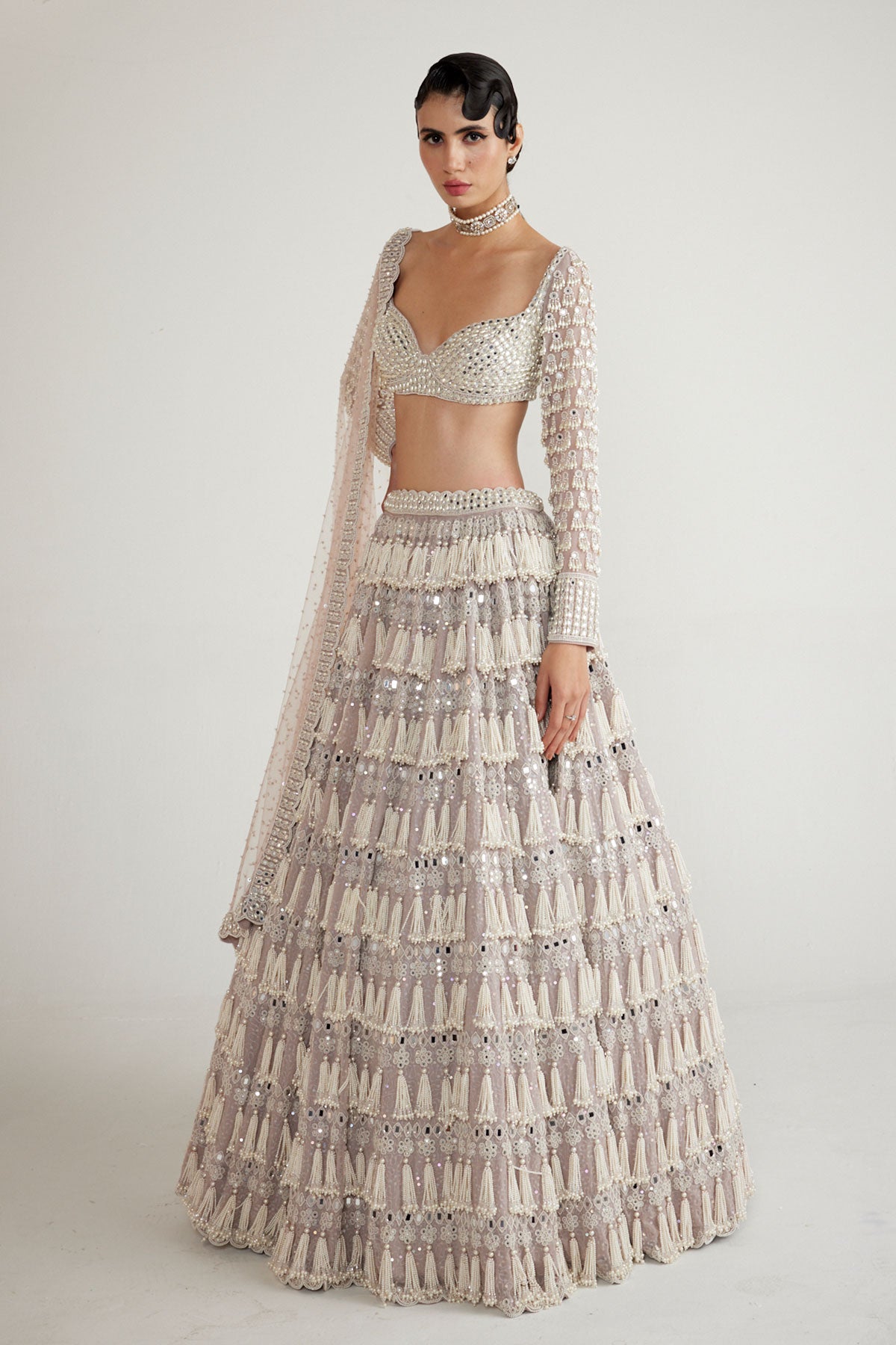 Ash Pink Chandelier Pearl Drop Full Sleeve Lehenga Set