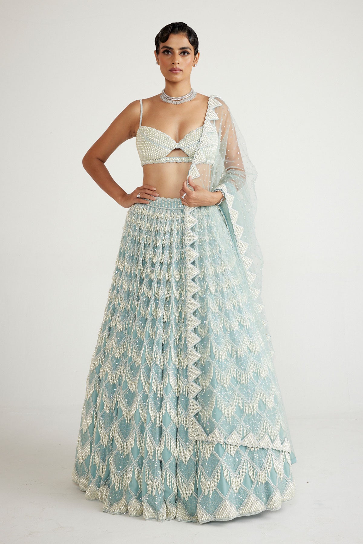 Powder Blue Chandelier Pearl Drop Lehenga Set