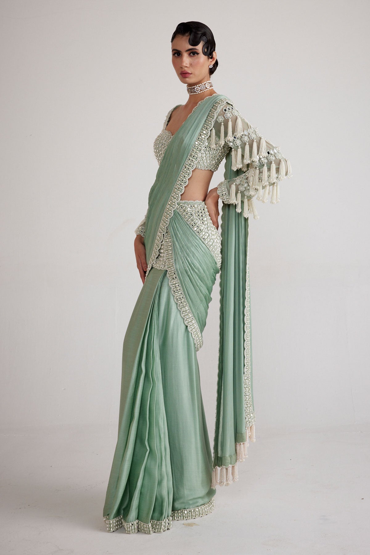 Powder Mint Chandelier Drop Saree Set
