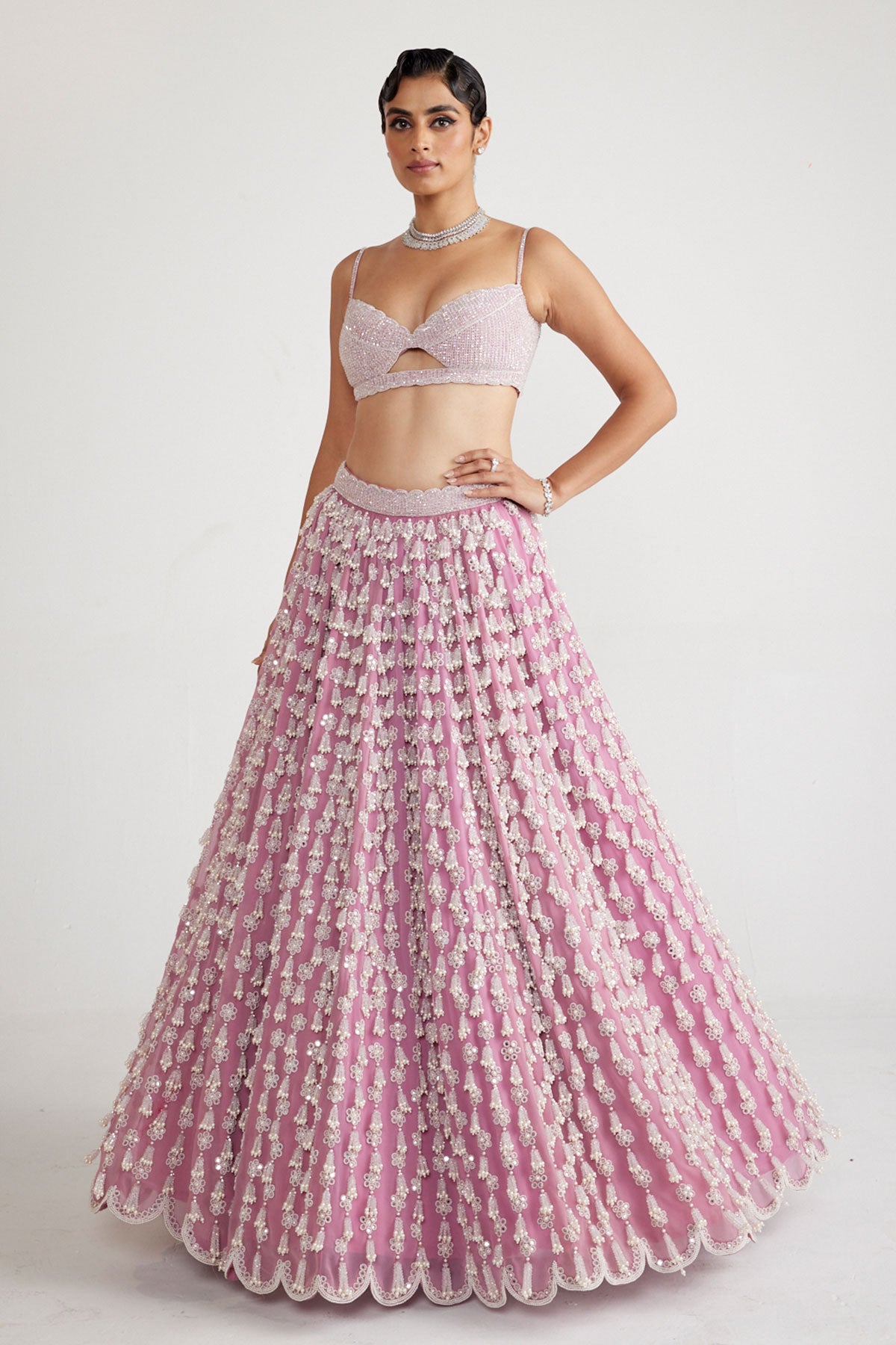 Onion Pink Chandelier Pearl Drop Lehenga Set