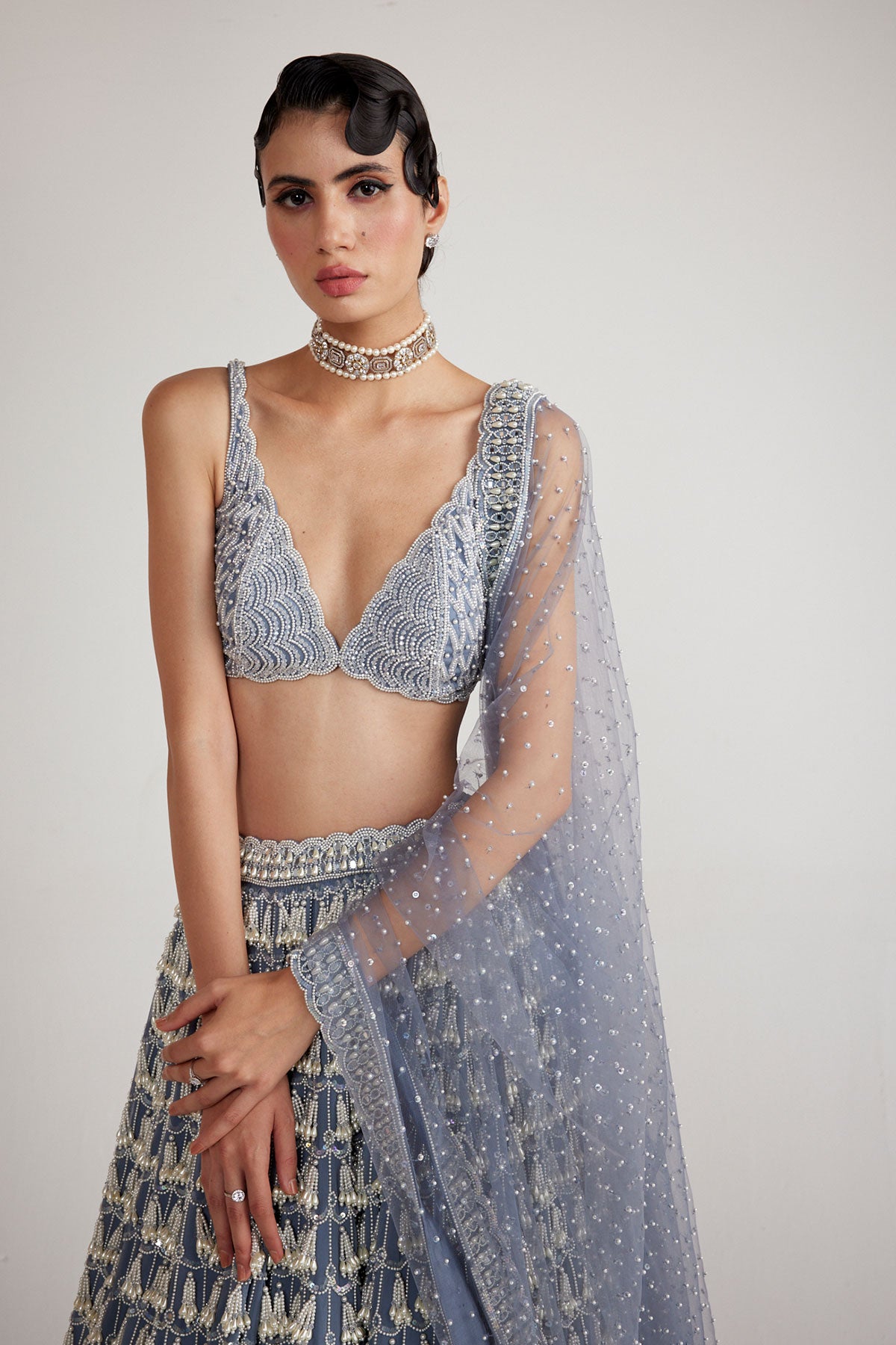 Dark Grey Chandelier Pearl Drop Lehenga Set