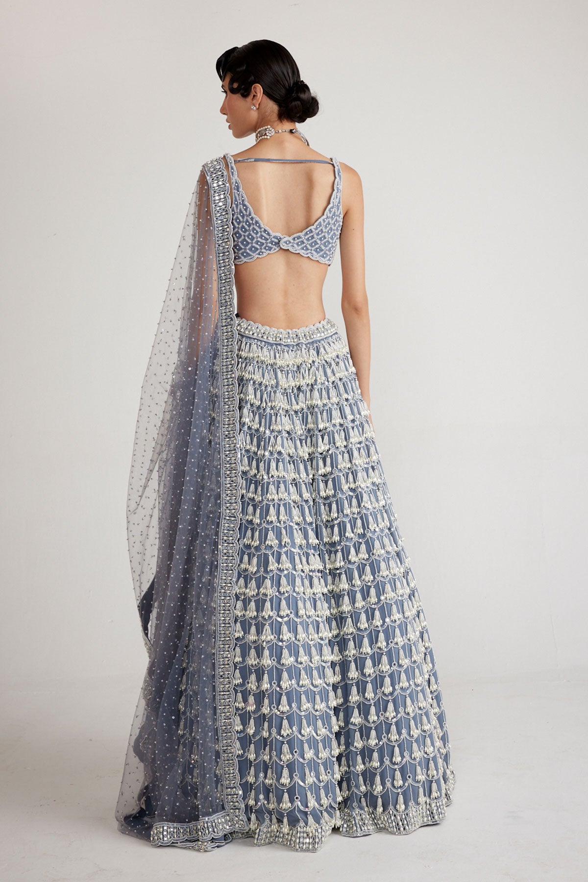 Dark Grey Chandelier Pearl Drop Lehenga Set