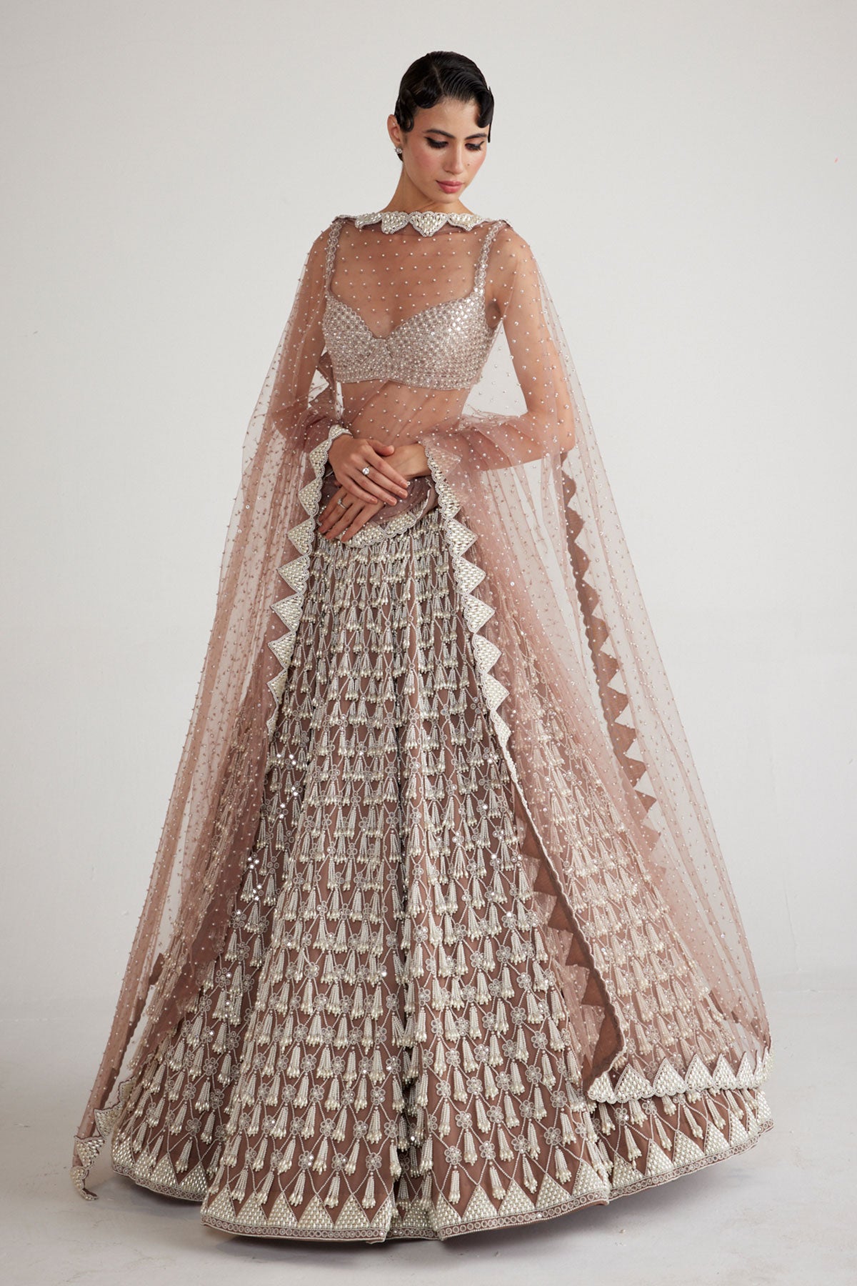 Deep Beige Chandelier Pearl Drop Lehenga Set