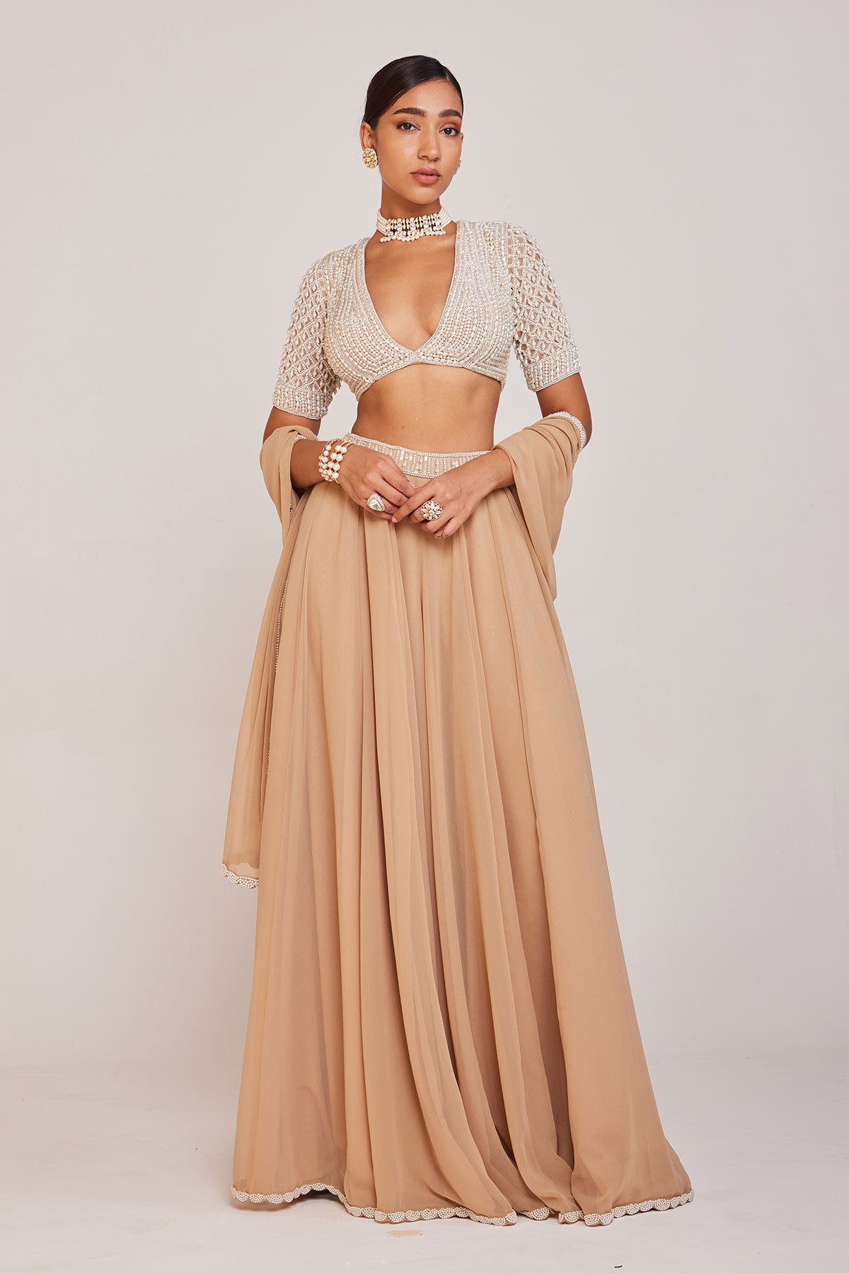Beige Lehenga Pants Set