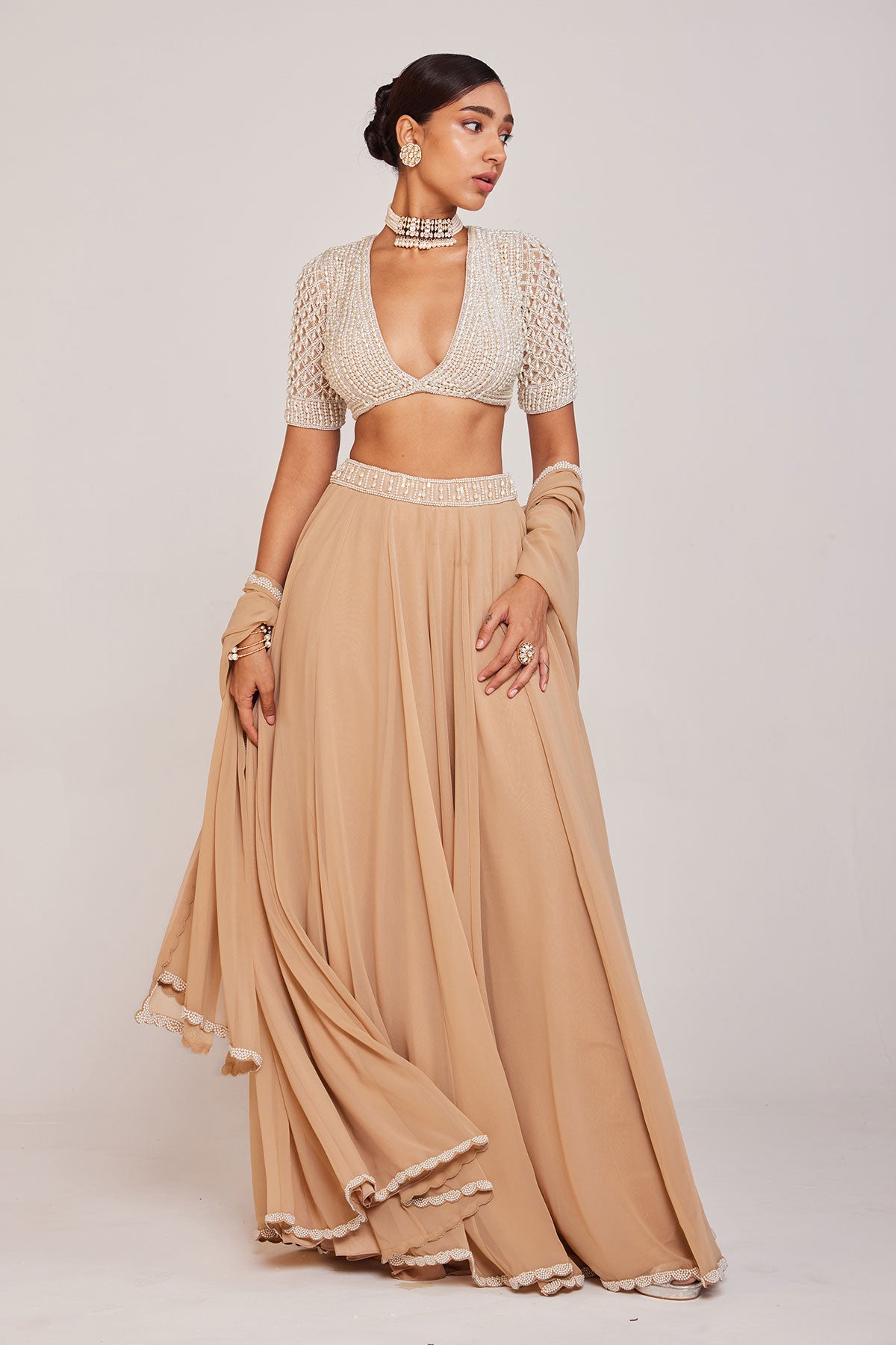 Beige Lehenga Pants Set