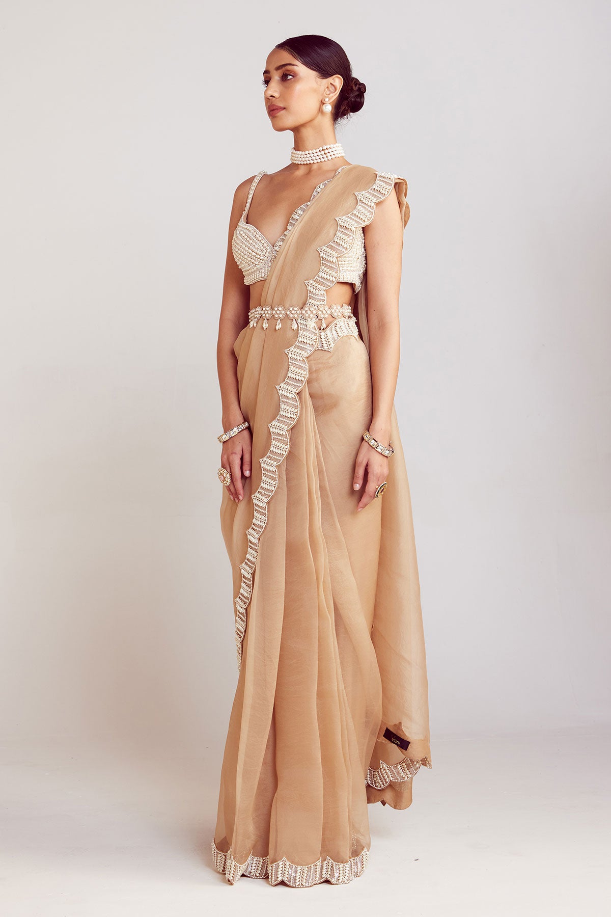 Beige Pre-Draped Saree Set