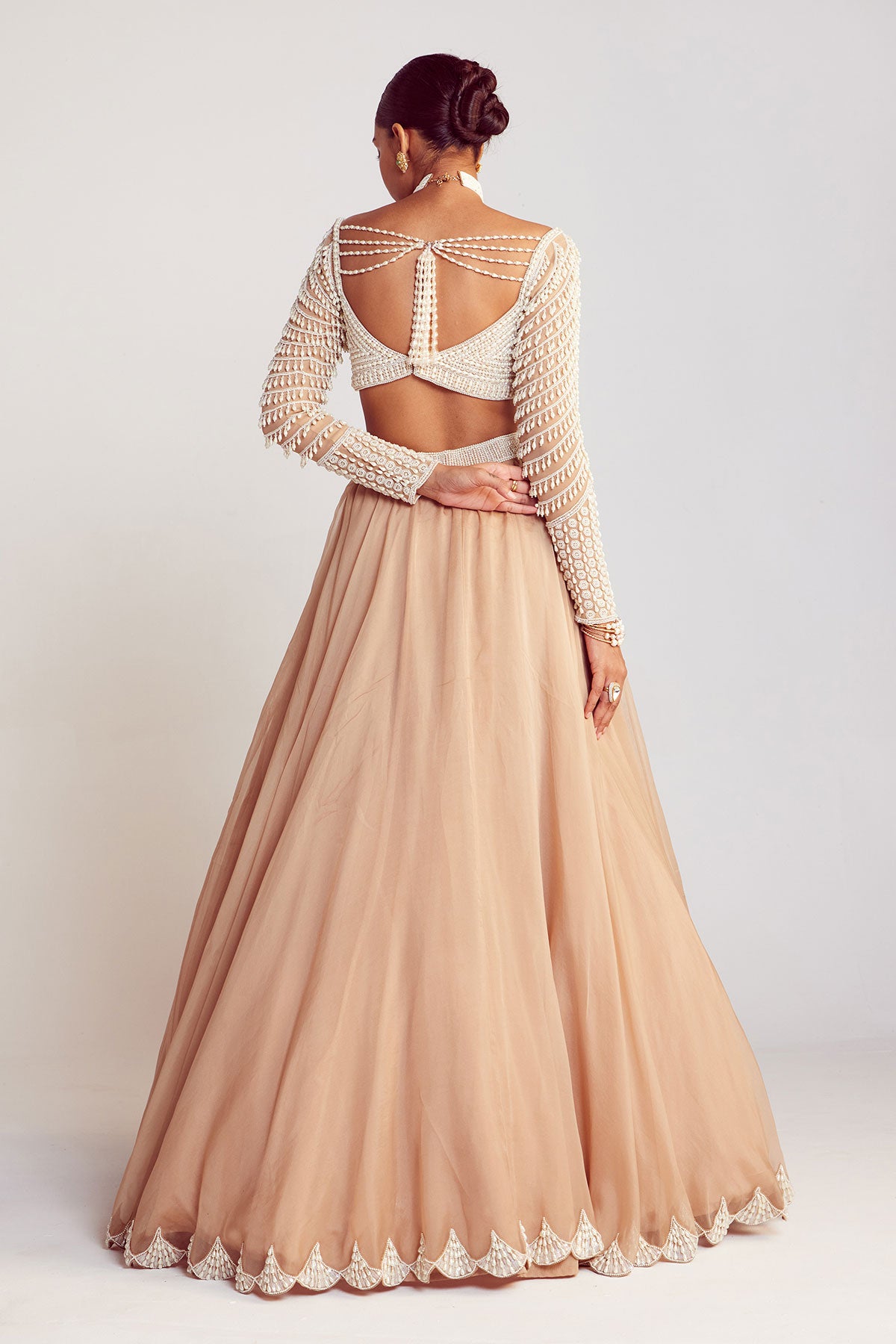 Beige Pearl Chandelier Drop Organza Lehenga Set