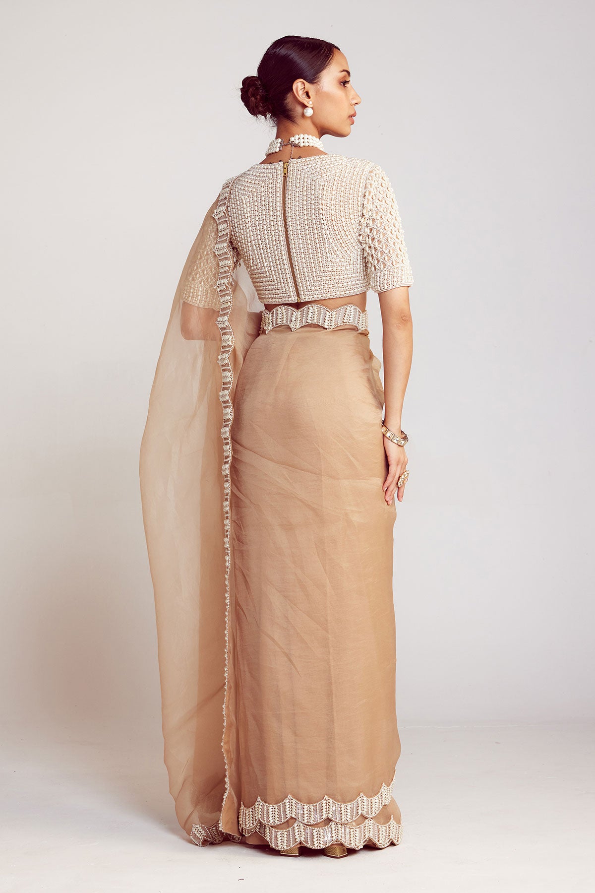 Beige V Neck Pre-Draped Saree Set