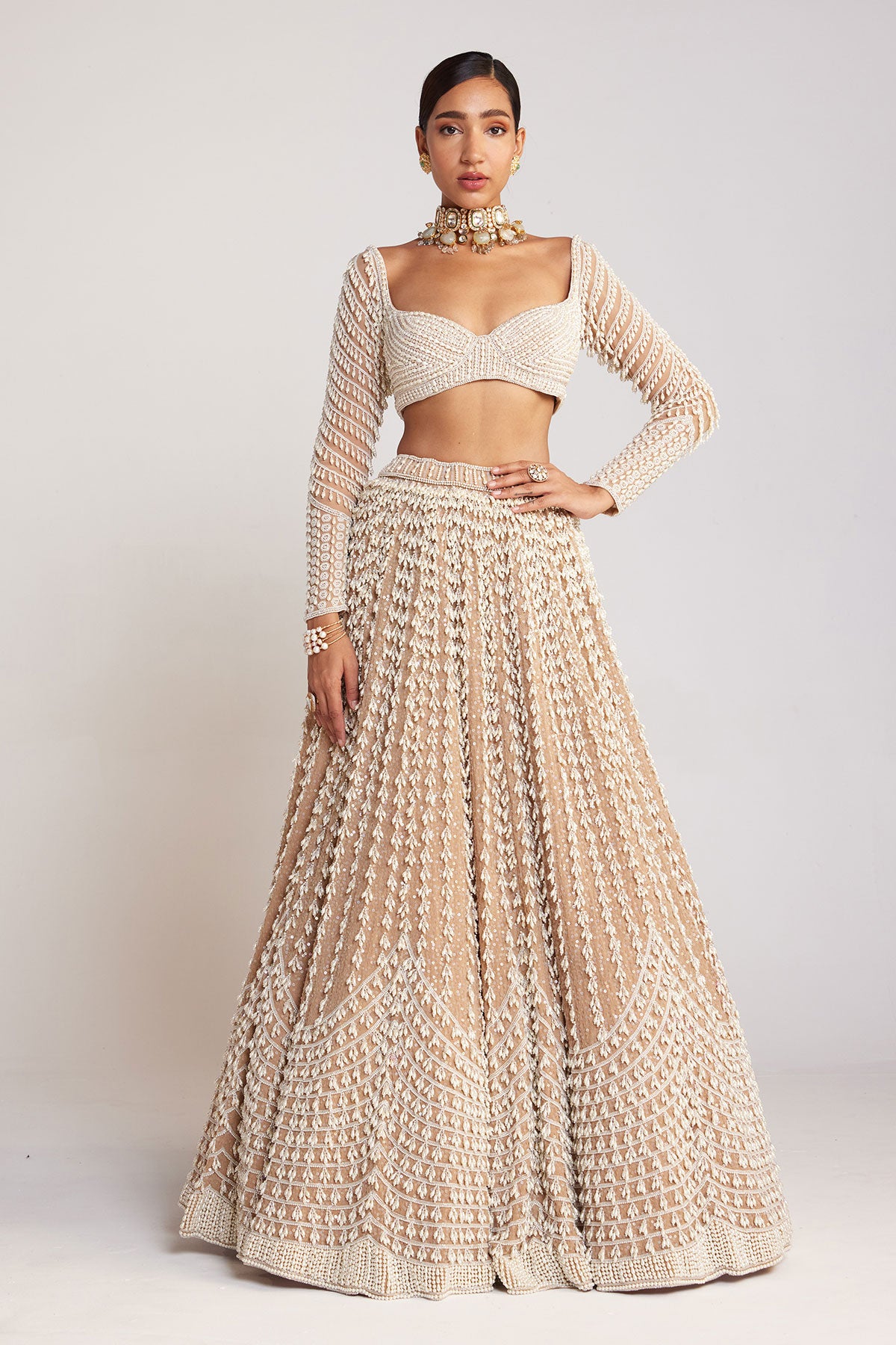 Beige Chandelier Pearl Lehenga Set