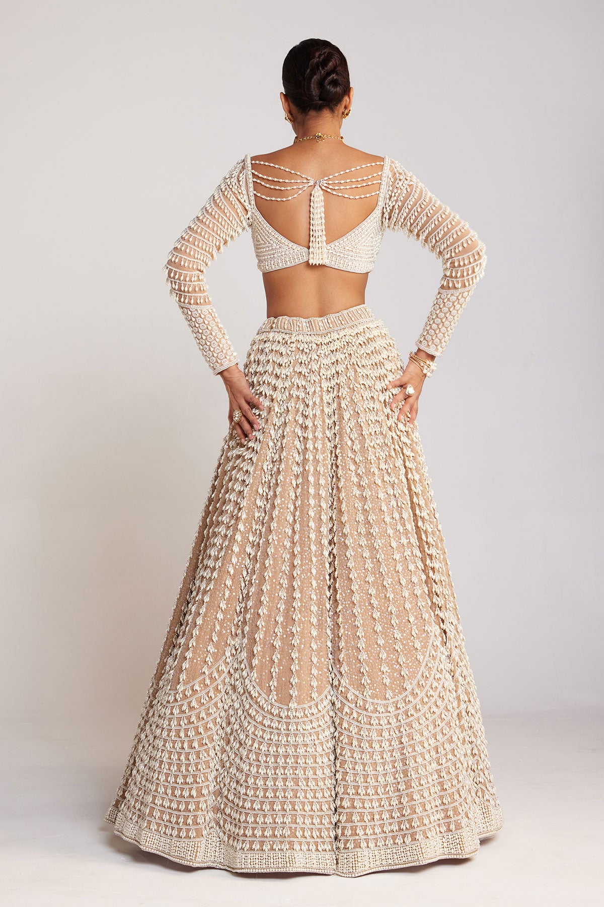 Beige Chandelier Pearl Lehenga Set