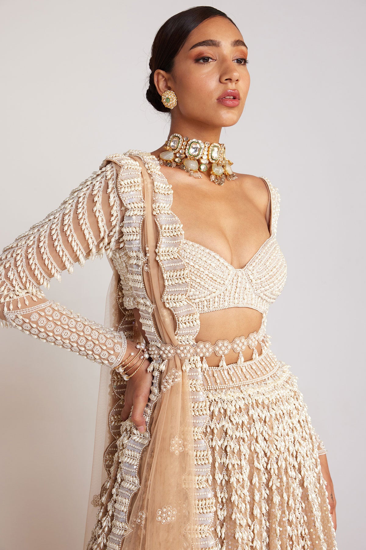 Beige Chandelier Pearl Lehenga Set