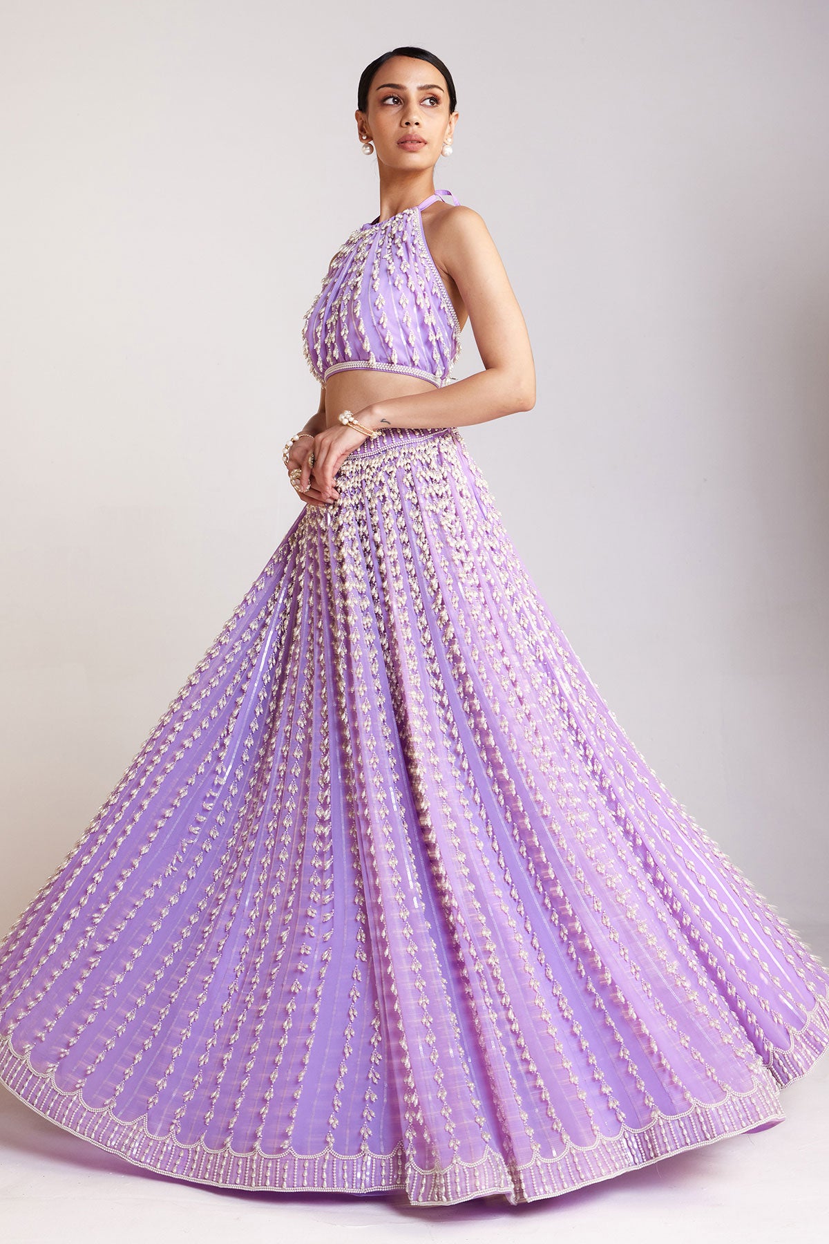 Lilac Chandelier Pearl Halter Neck Crop Top Skirt Set