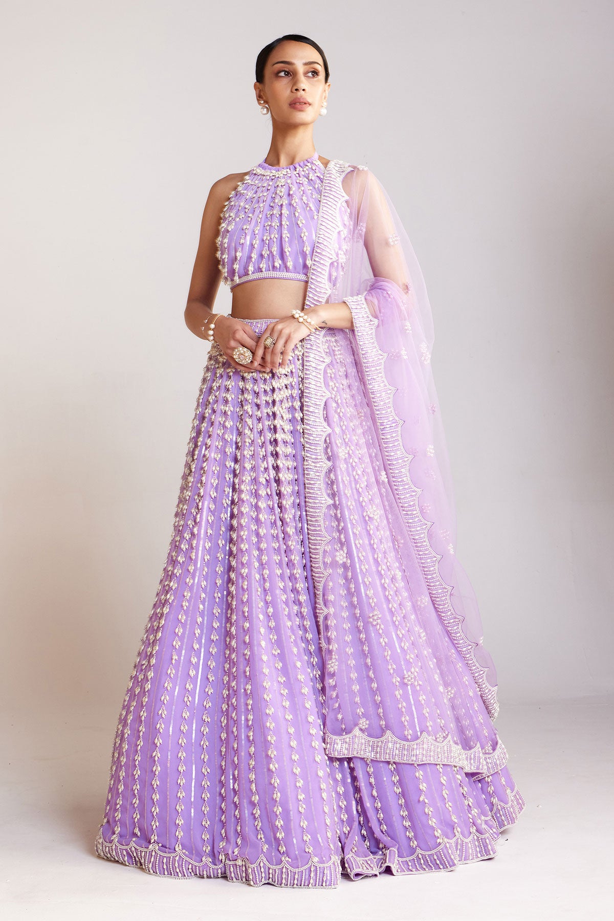 Lilac Chandelier Pearl Halter Neck Lehenga Set