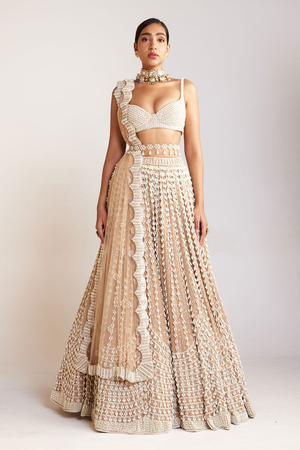 Beige Chandelier Pearl Sweetheart Neck Lehenga Set