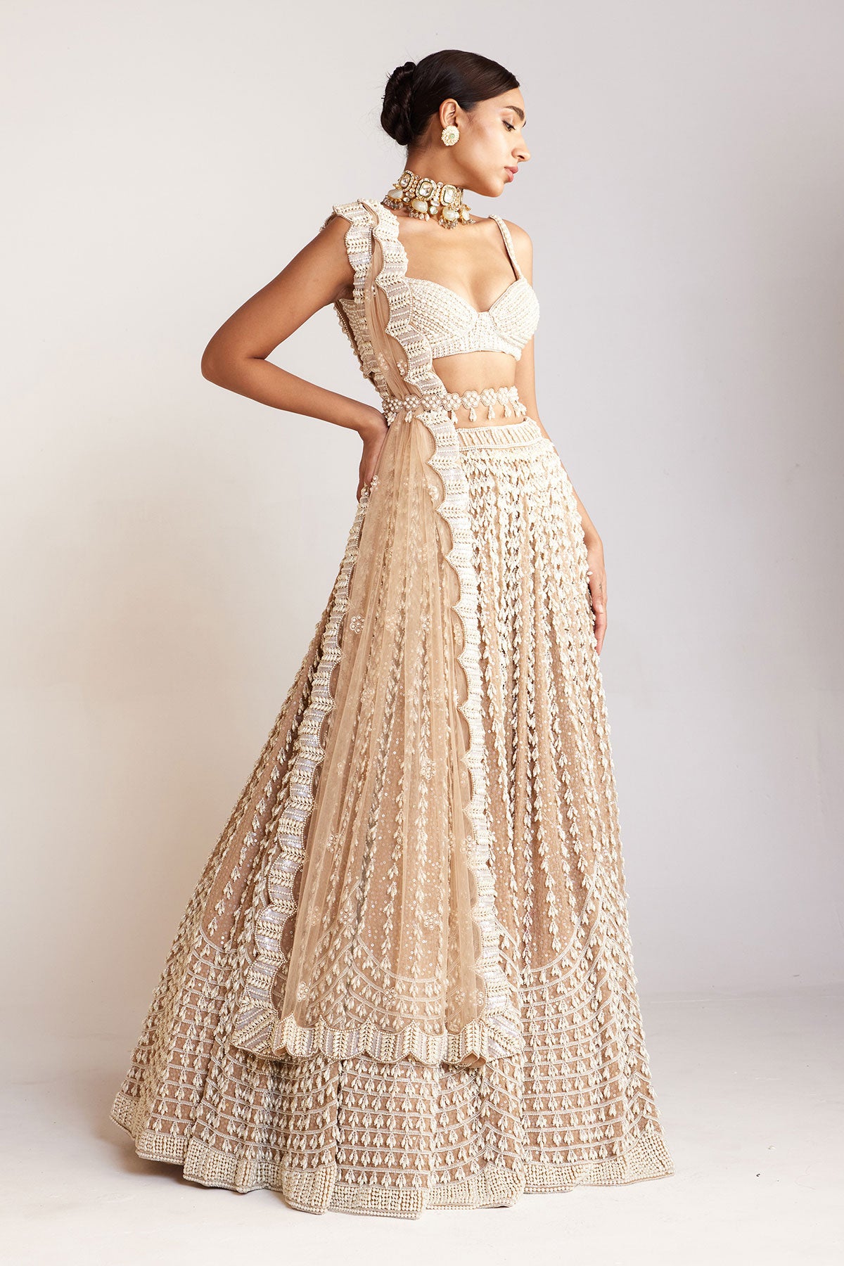 Beige Chandelier Pearl Sweetheart Neck Lehenga Set