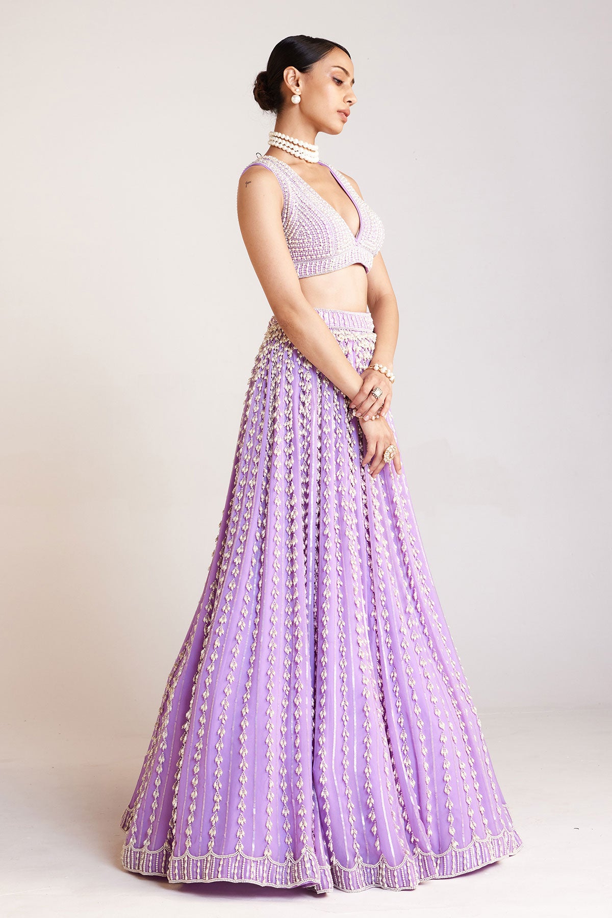 Lilac V Neck Pearl Chandelier Lehenga Set