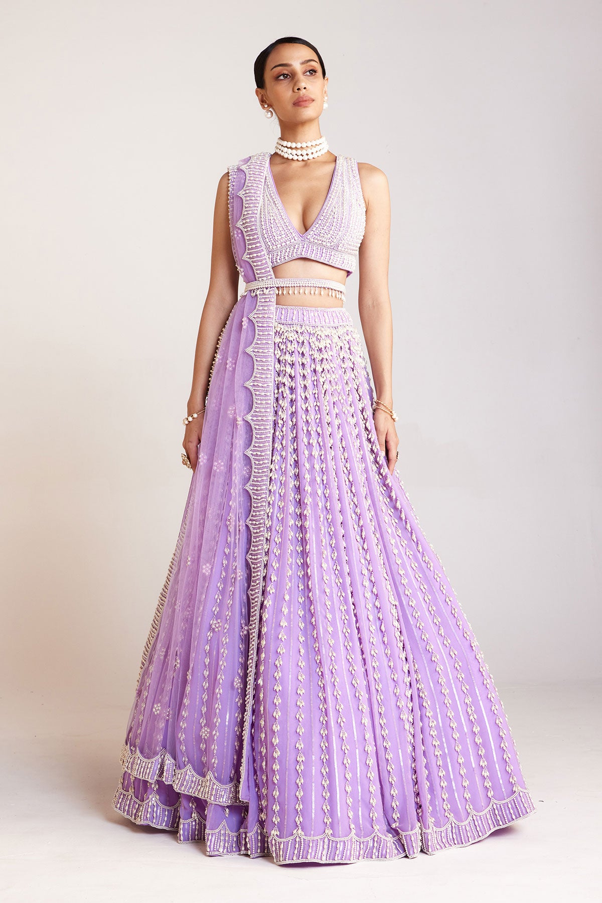 Lilac V Neck Pearl Chandelier Lehenga Set