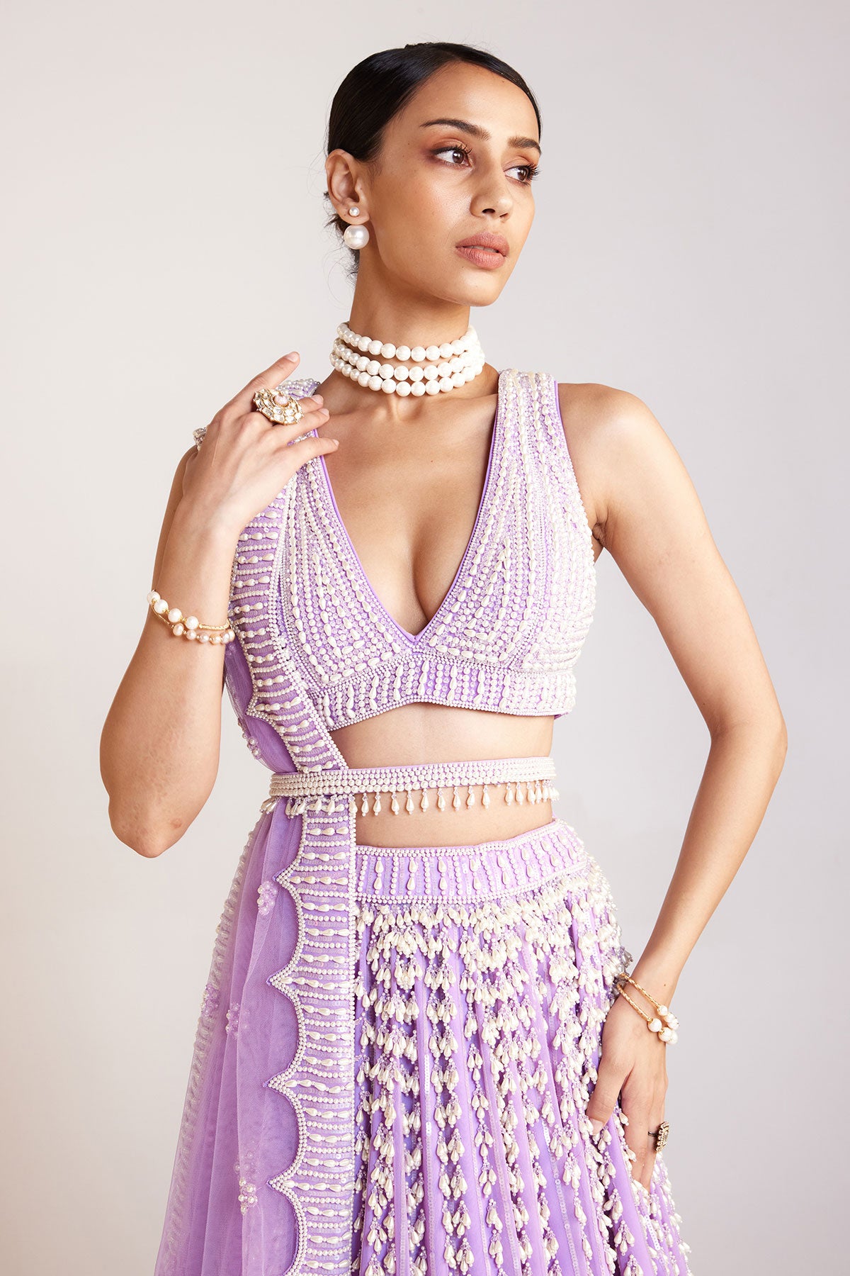 Lilac V Neck Pearl Chandelier Lehenga Set